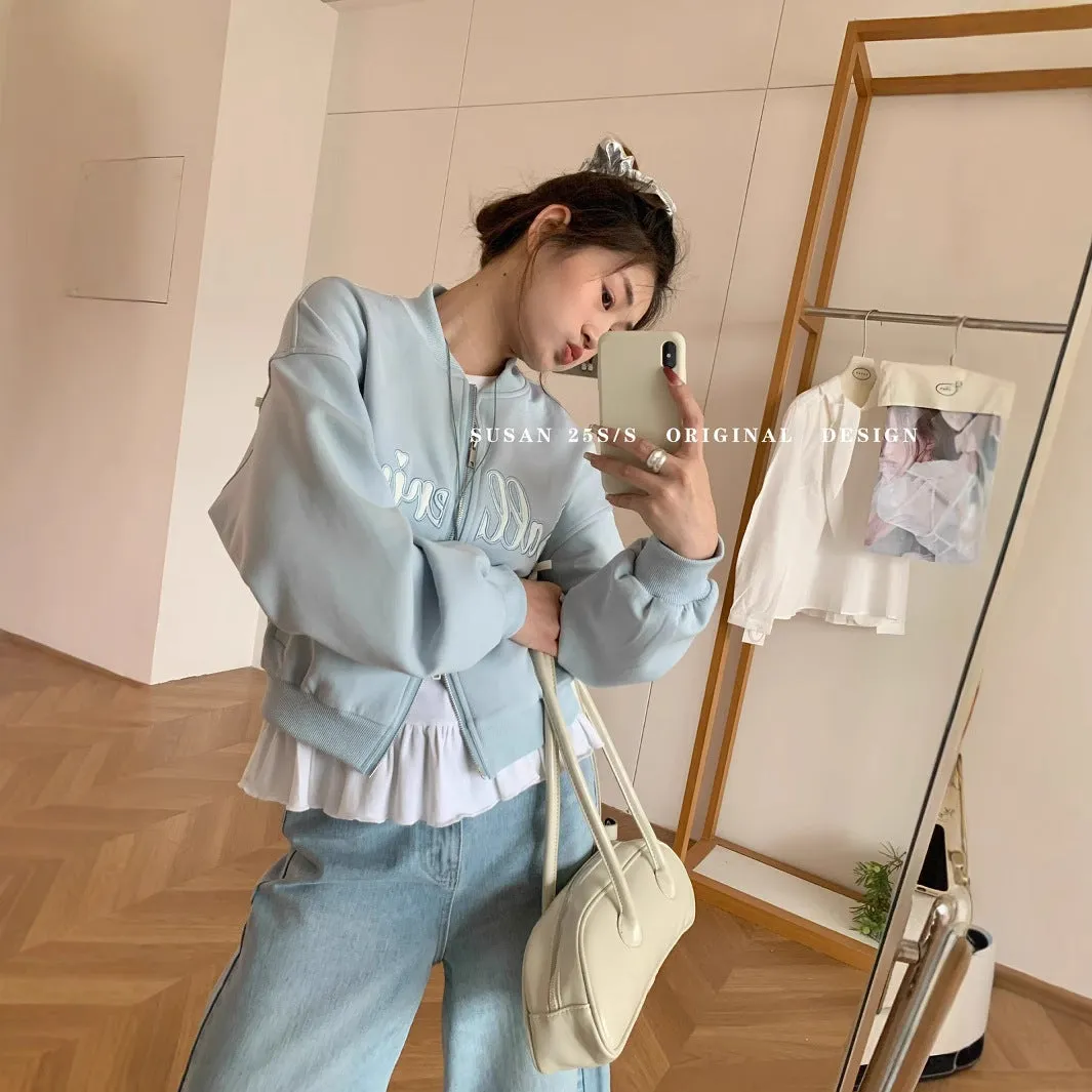 2025 SUSAN Korean Design Embroidery Baseball Short Coat  Age-Reducing, Cute & Versatile Sweatshirt Jacket for Women, LX09