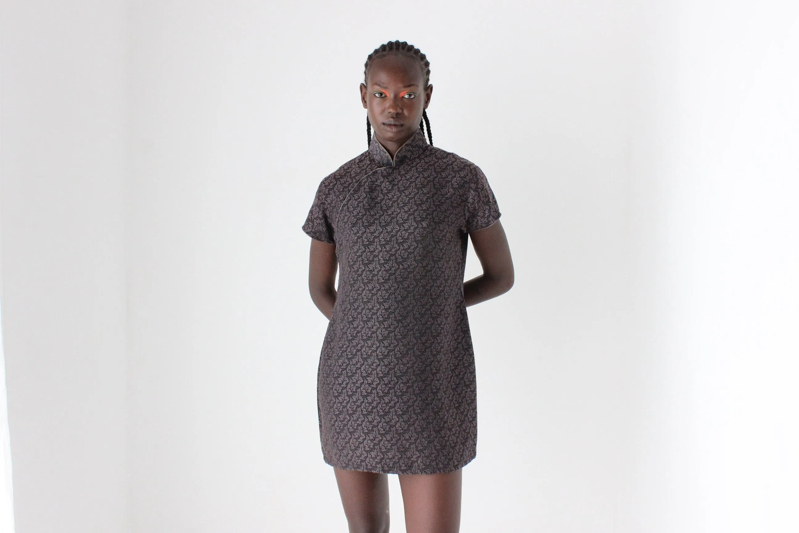 80s Custom Made Textured Cheongsam Collar Mini
