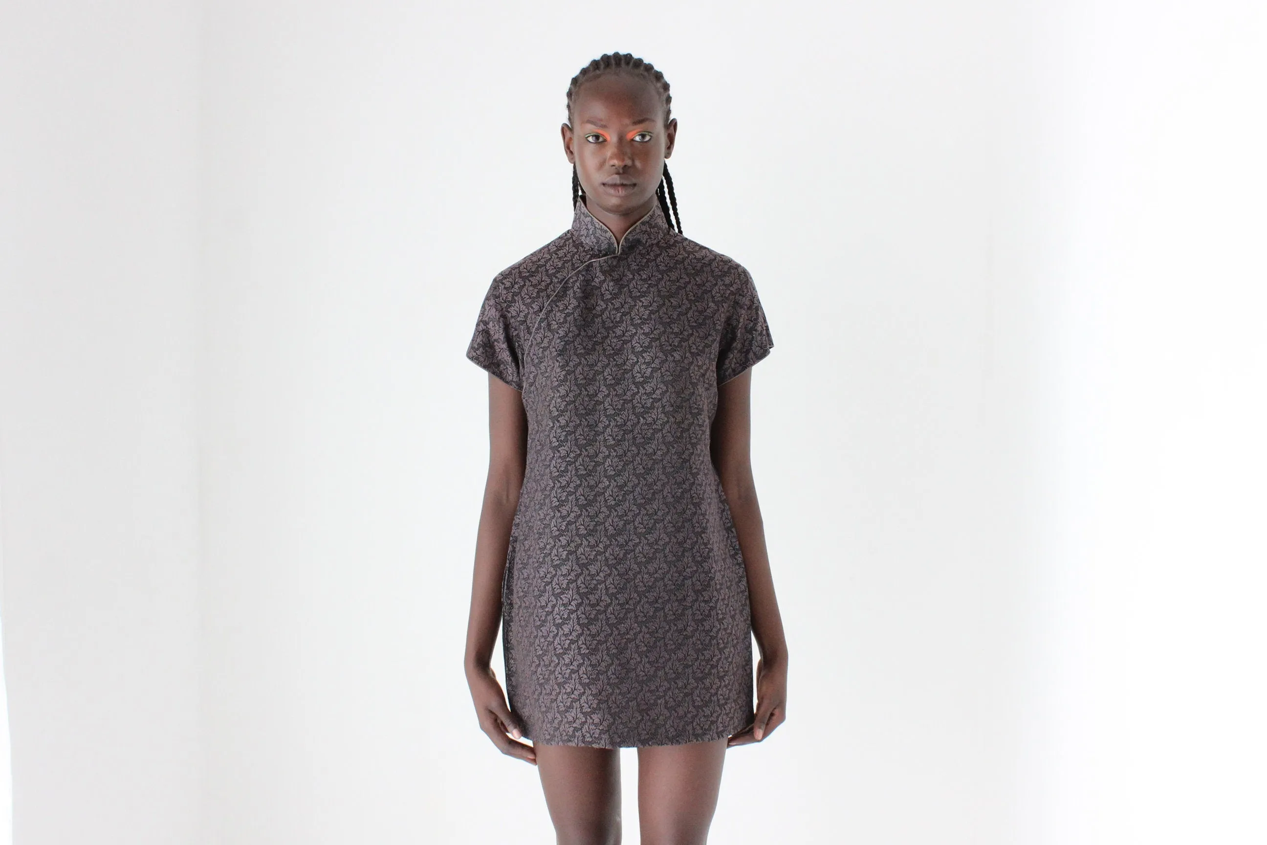 80s Custom Made Textured Cheongsam Collar Mini