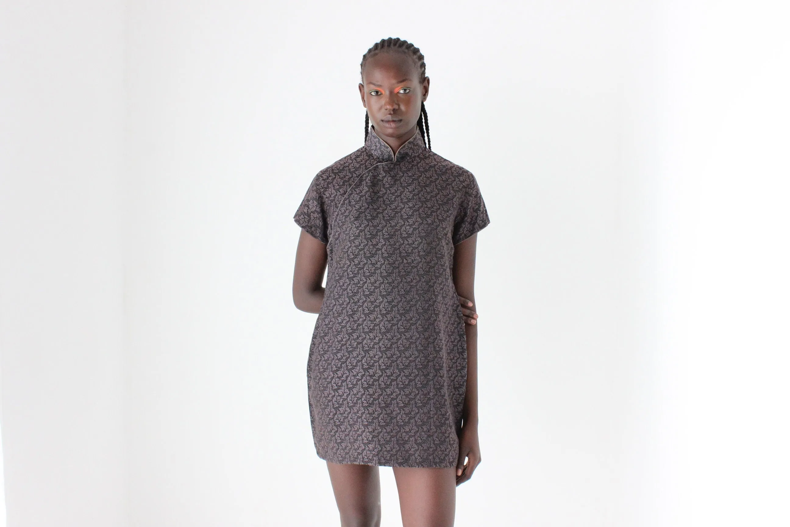 80s Custom Made Textured Cheongsam Collar Mini
