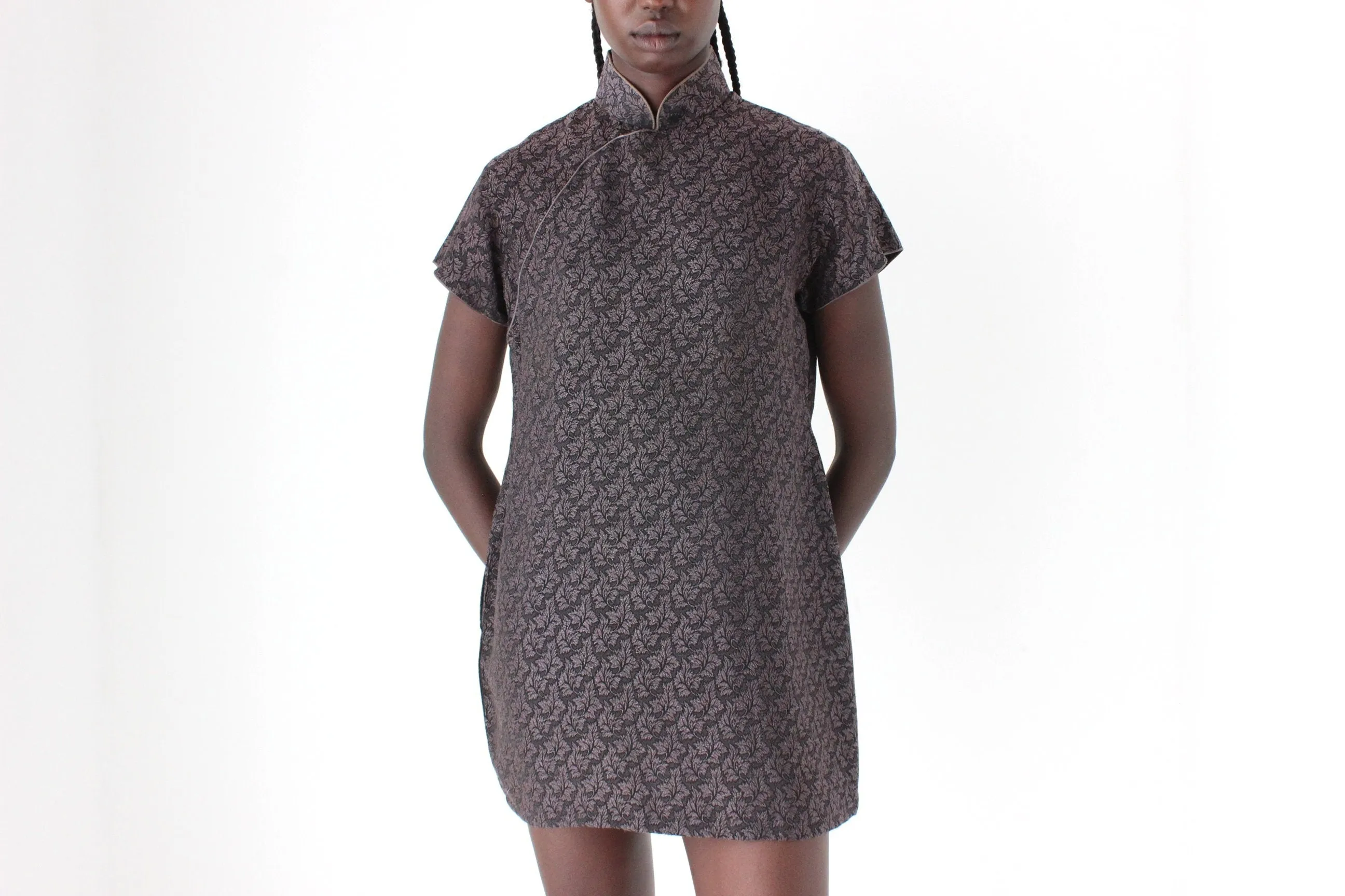 80s Custom Made Textured Cheongsam Collar Mini
