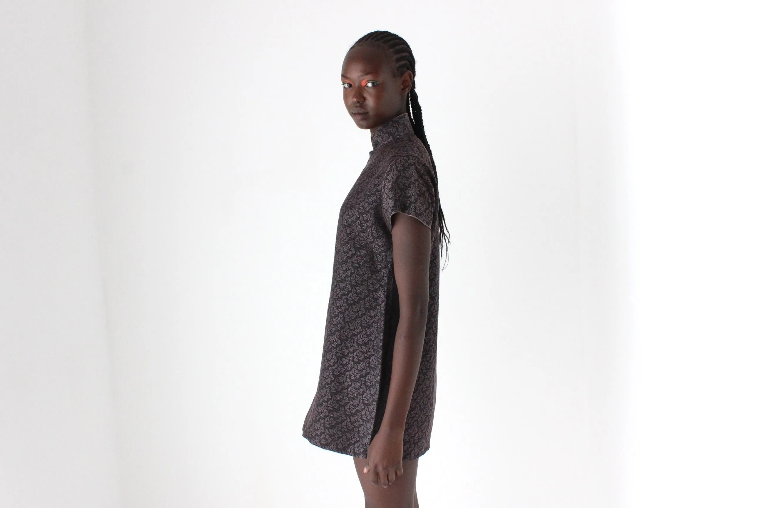 80s Custom Made Textured Cheongsam Collar Mini