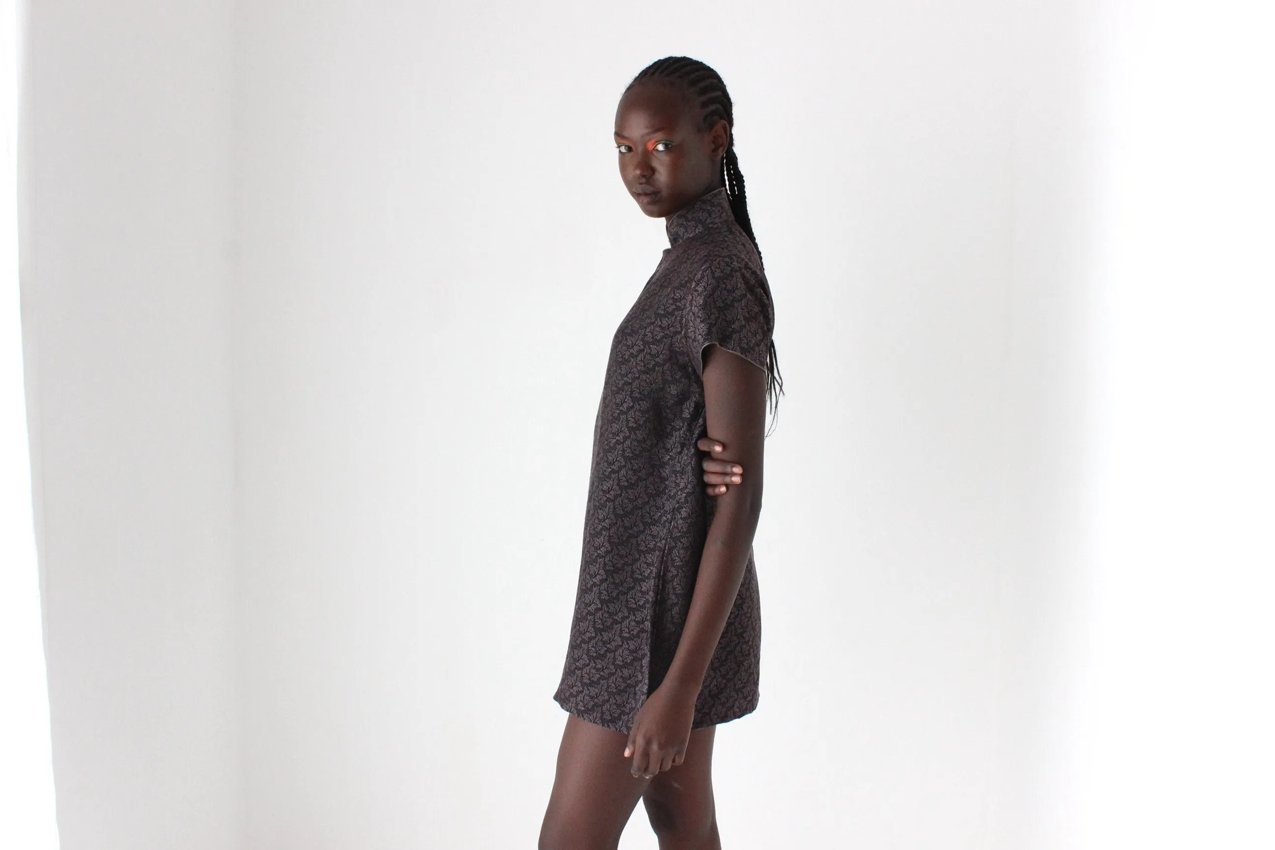 80s Custom Made Textured Cheongsam Collar Mini