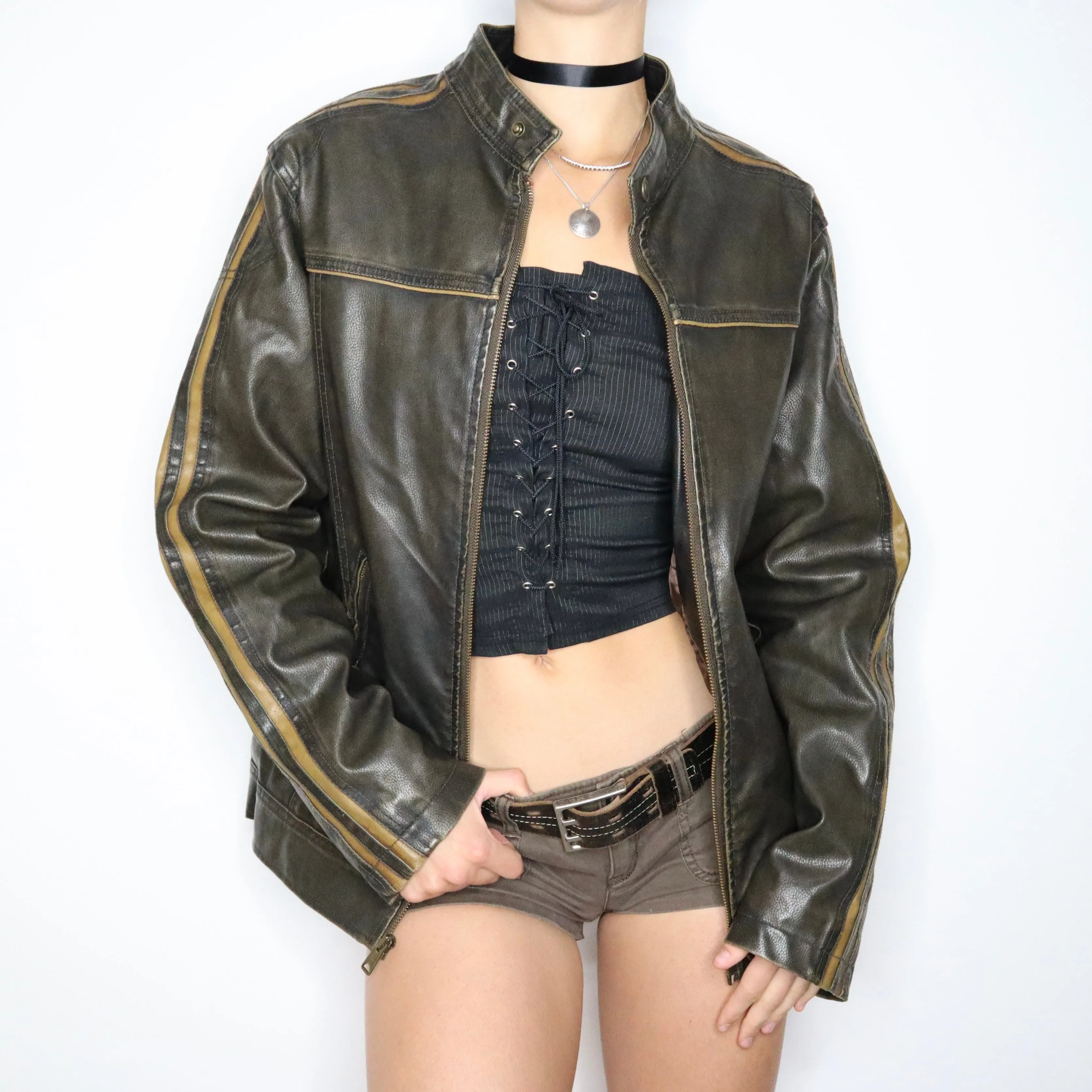 90s Faux Leather Cafe Racer Jacket (Large)