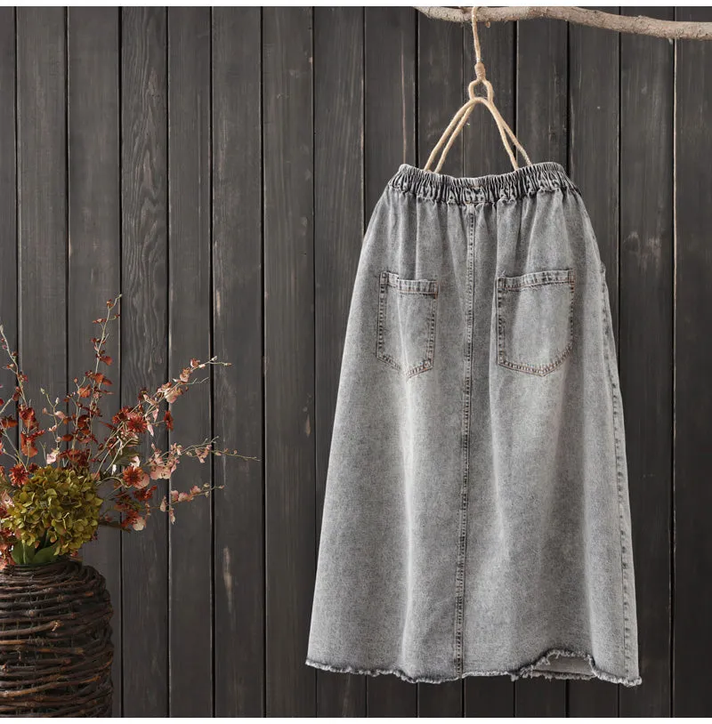 AUTUMN DENIM MIDI SKIRT WITH MIXED PATCHES IN GREY