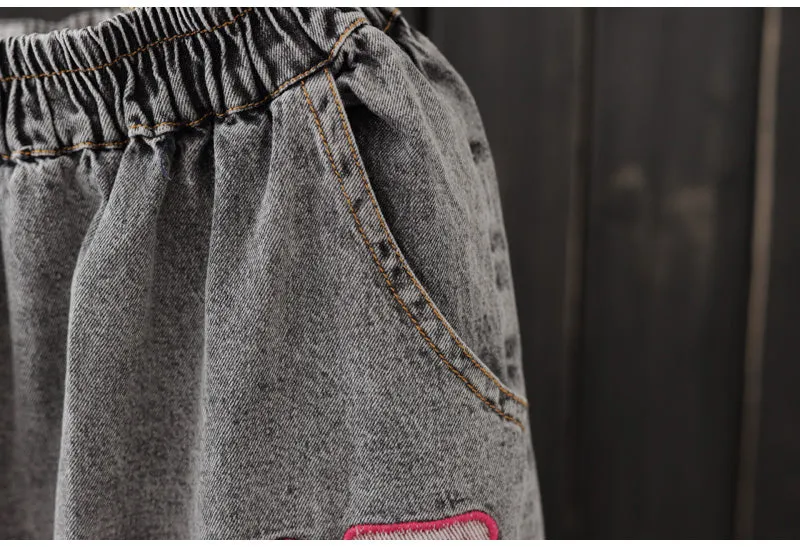 AUTUMN DENIM MIDI SKIRT WITH MIXED PATCHES IN GREY
