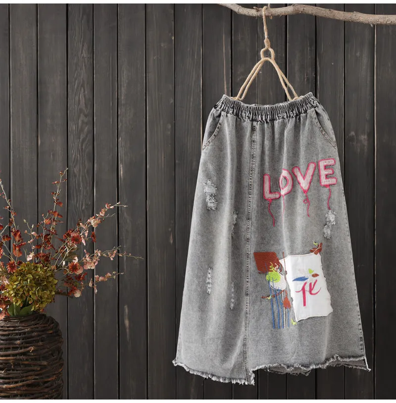 AUTUMN DENIM MIDI SKIRT WITH MIXED PATCHES IN GREY
