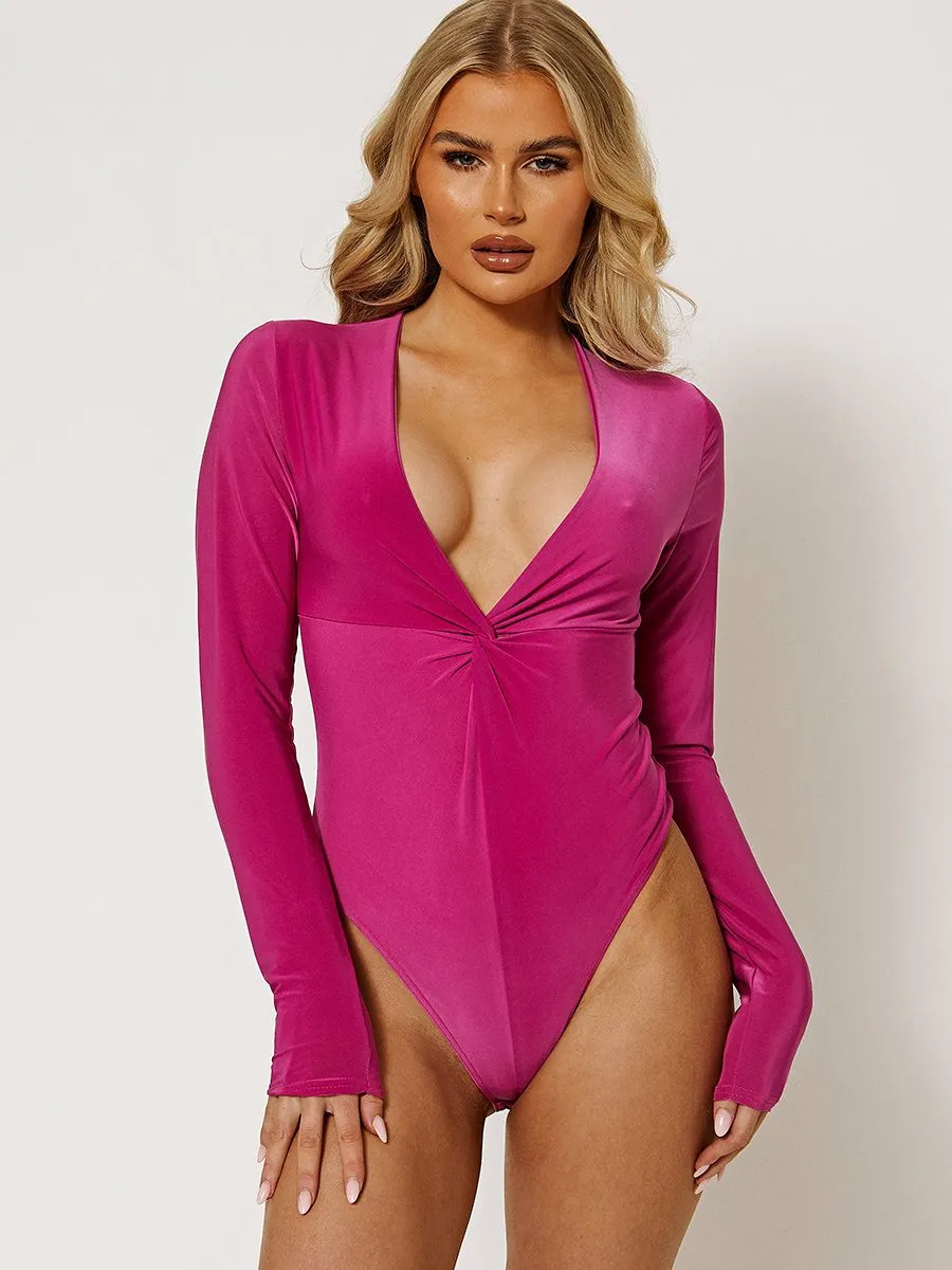Bella Twist Front Slinky Bodysuit In Fuchsia