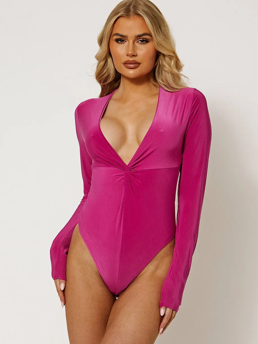 Bella Twist Front Slinky Bodysuit In Fuchsia