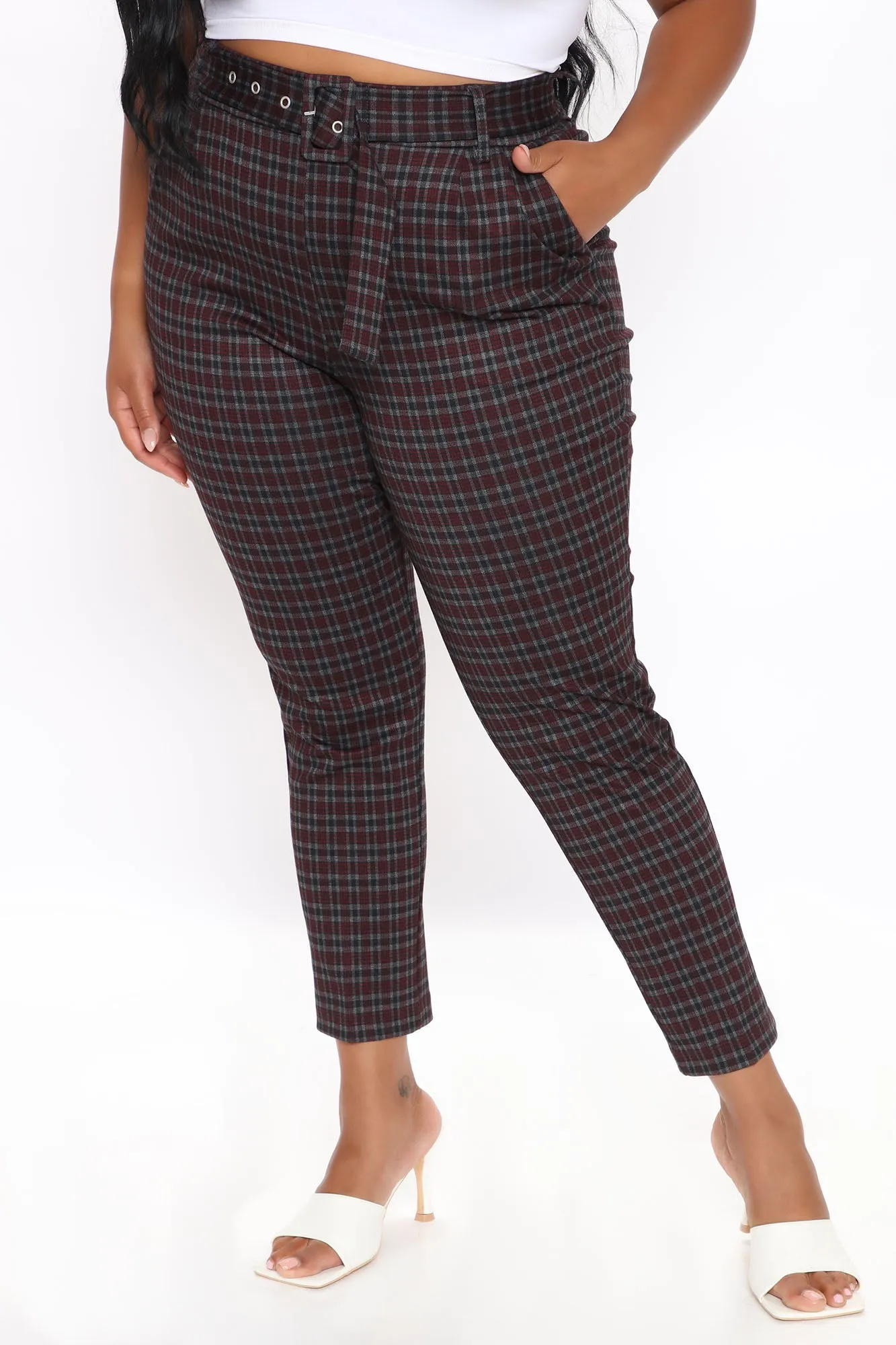Belting Out Plaid Pants - Burgundy/combo
