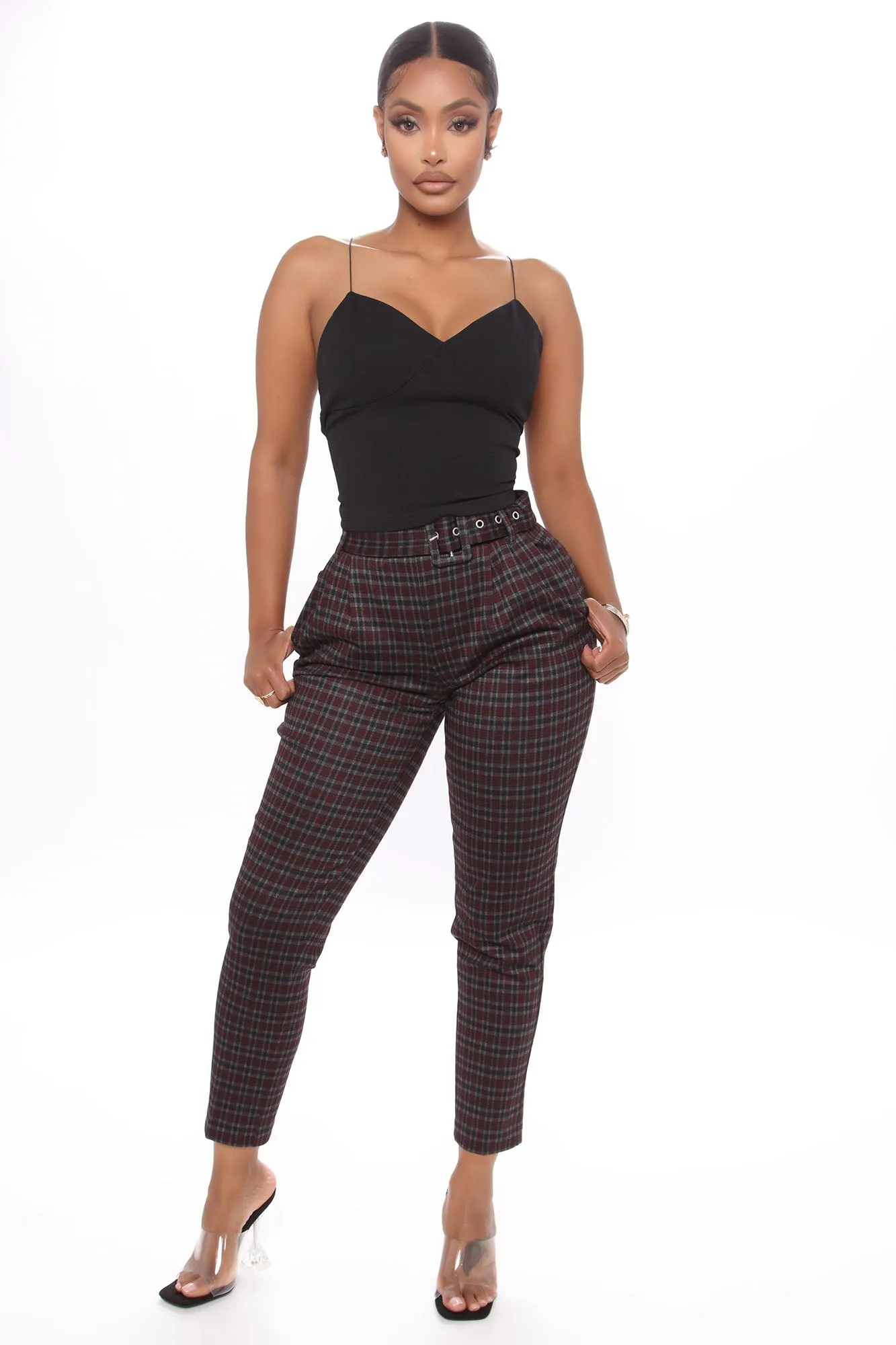 Belting Out Plaid Pants - Burgundy/combo