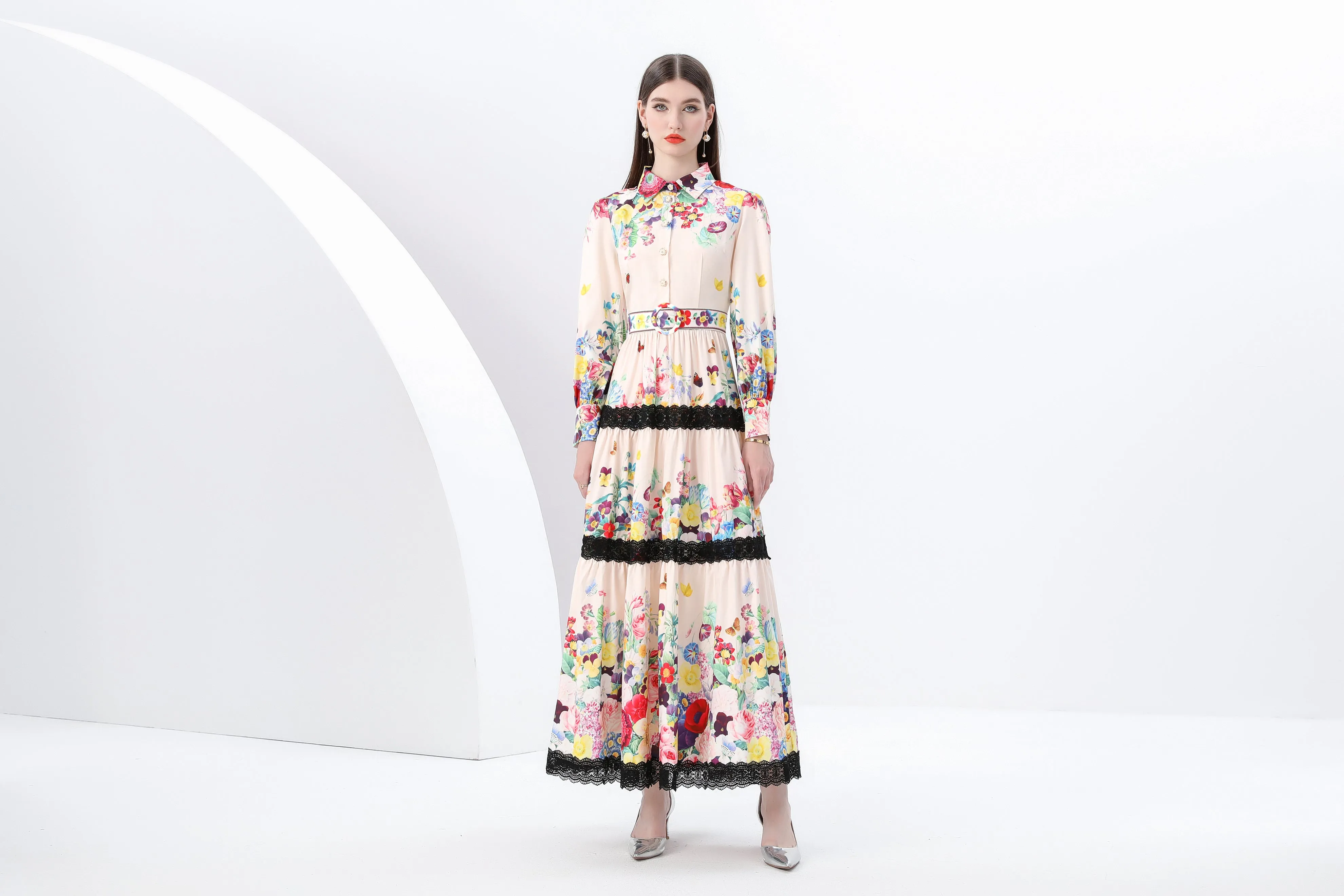 BK-Printed Lace Layered Button Maxi Dress