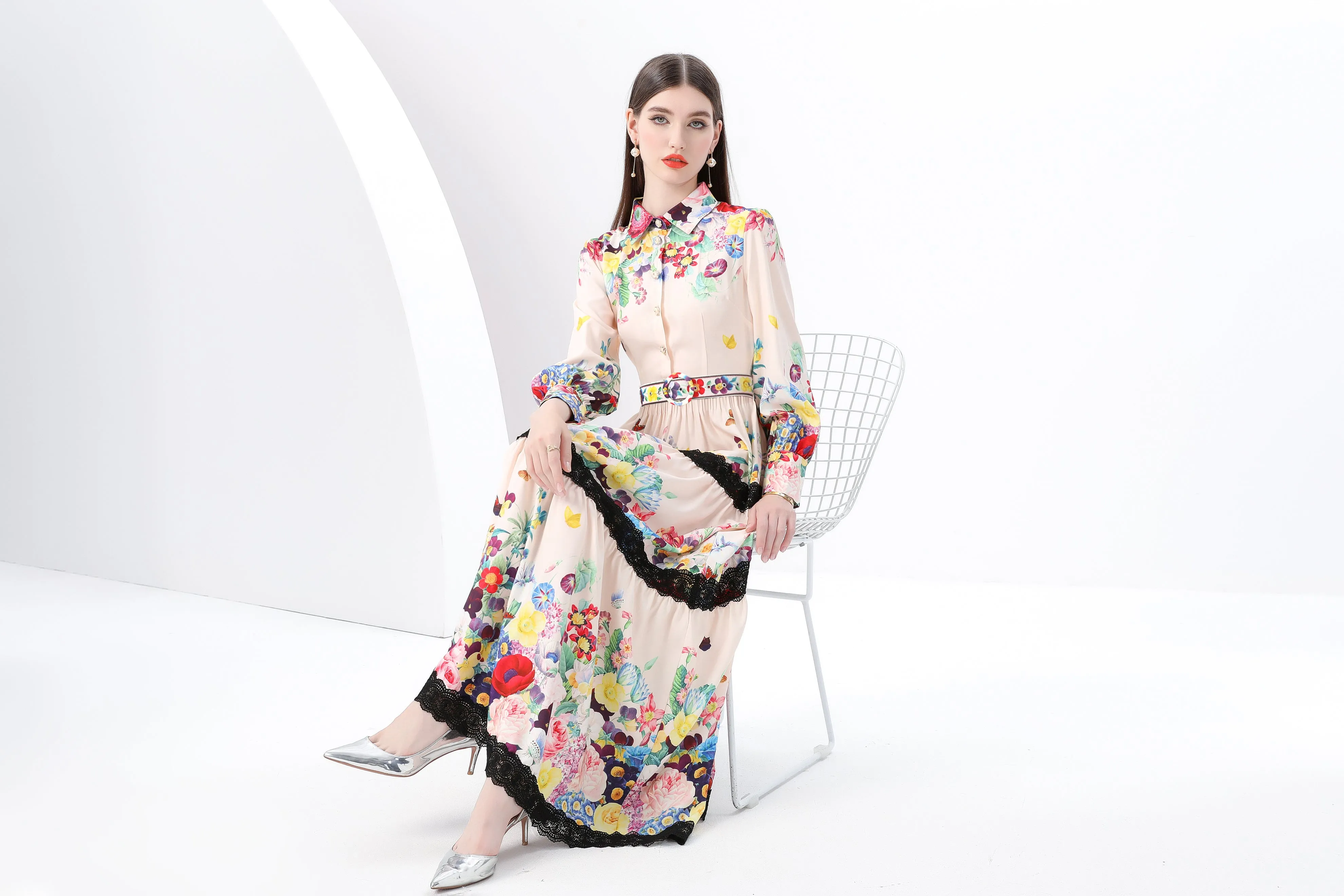 BK-Printed Lace Layered Button Maxi Dress