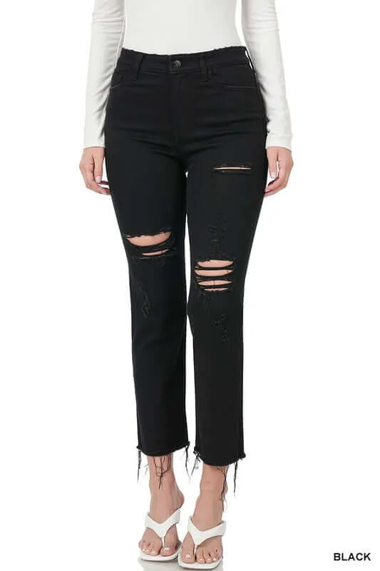 Black Distressed Cropped Denim Jeans
