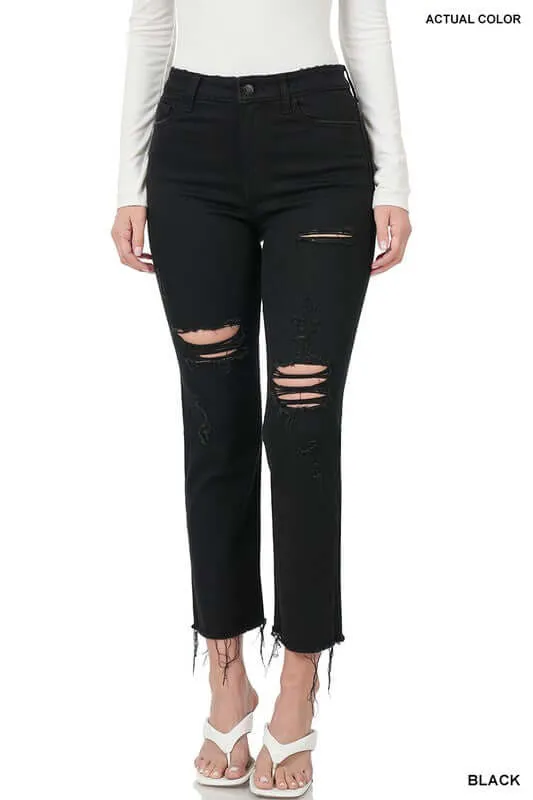 Black Distressed Cropped Denim Jeans