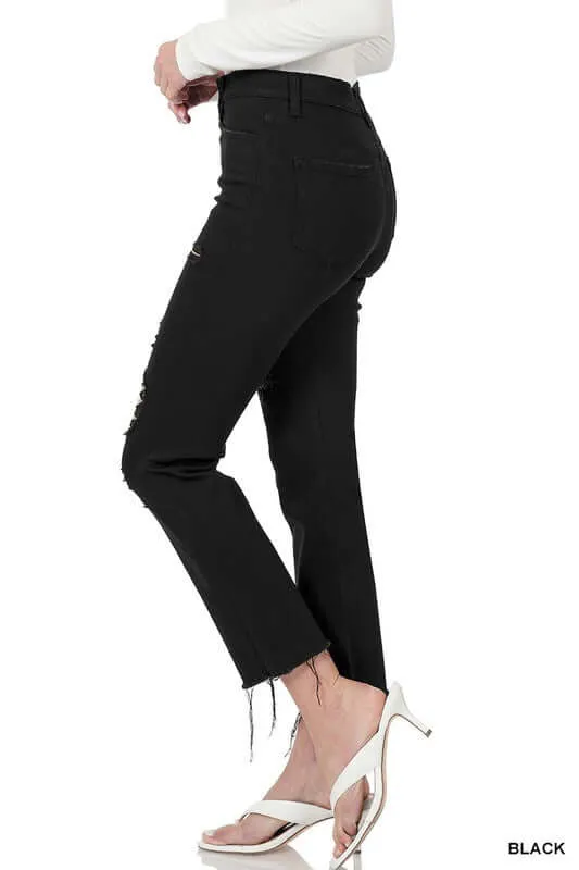 Black Distressed Cropped Denim Jeans