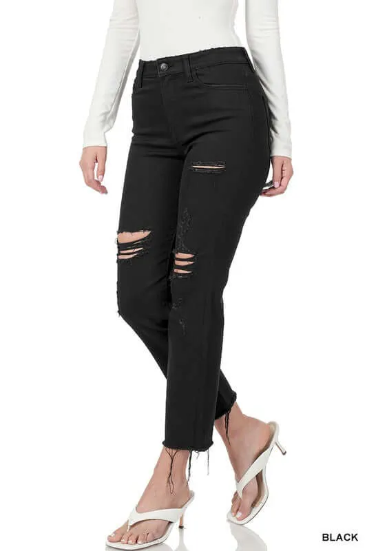 Black Distressed Cropped Denim Jeans