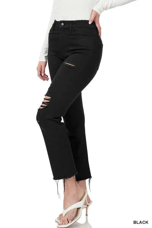Black Distressed Cropped Denim Jeans