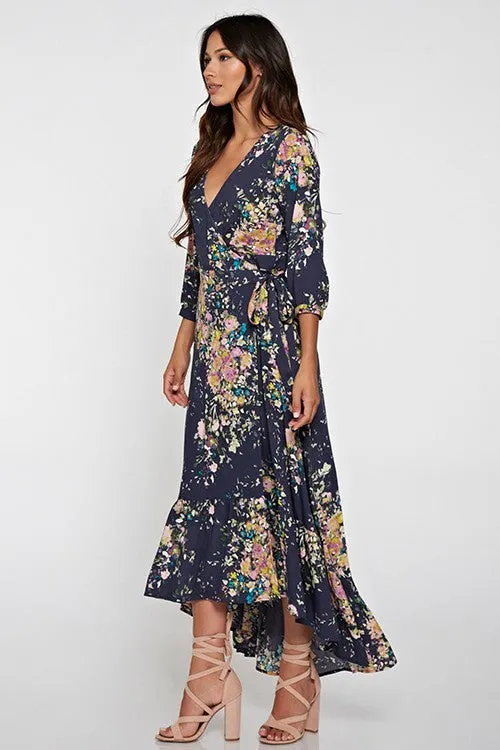 Blue Floral Maxi Wrap Dress