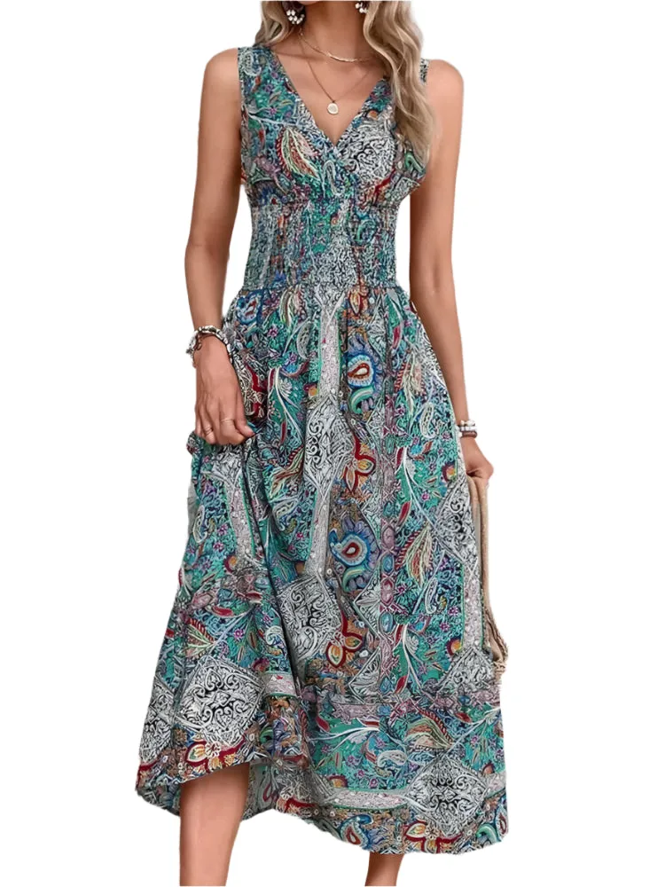 Boho Sleeveless Maxi Dress for Women - Summer Summer Print Elastic Waist Elegant Tank Long Dress