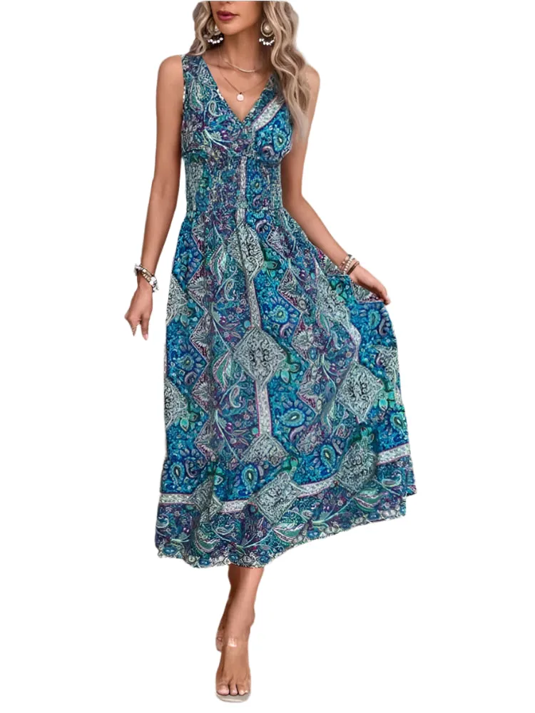 Boho Sleeveless Maxi Dress for Women - Summer Summer Print Elastic Waist Elegant Tank Long Dress