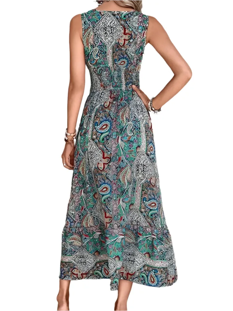 Boho Sleeveless Maxi Dress for Women - Summer Summer Print Elastic Waist Elegant Tank Long Dress