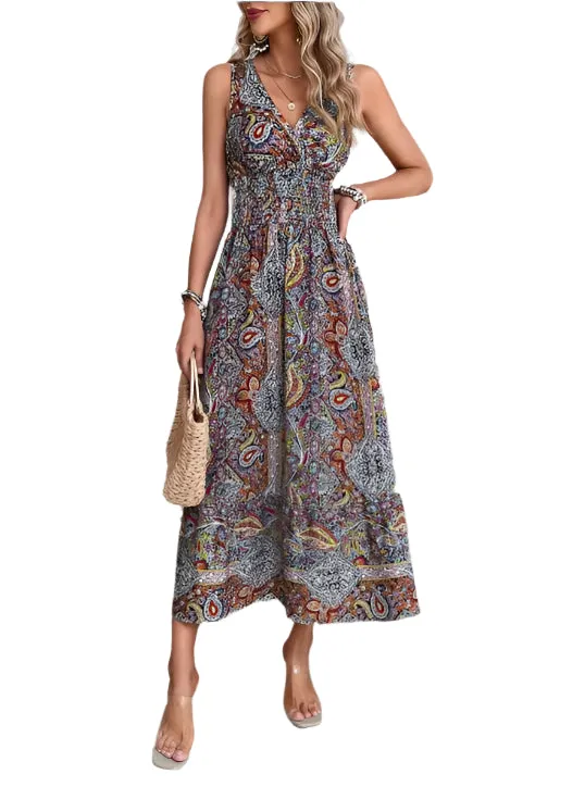 Boho Sleeveless Maxi Dress for Women - Summer Summer Print Elastic Waist Elegant Tank Long Dress