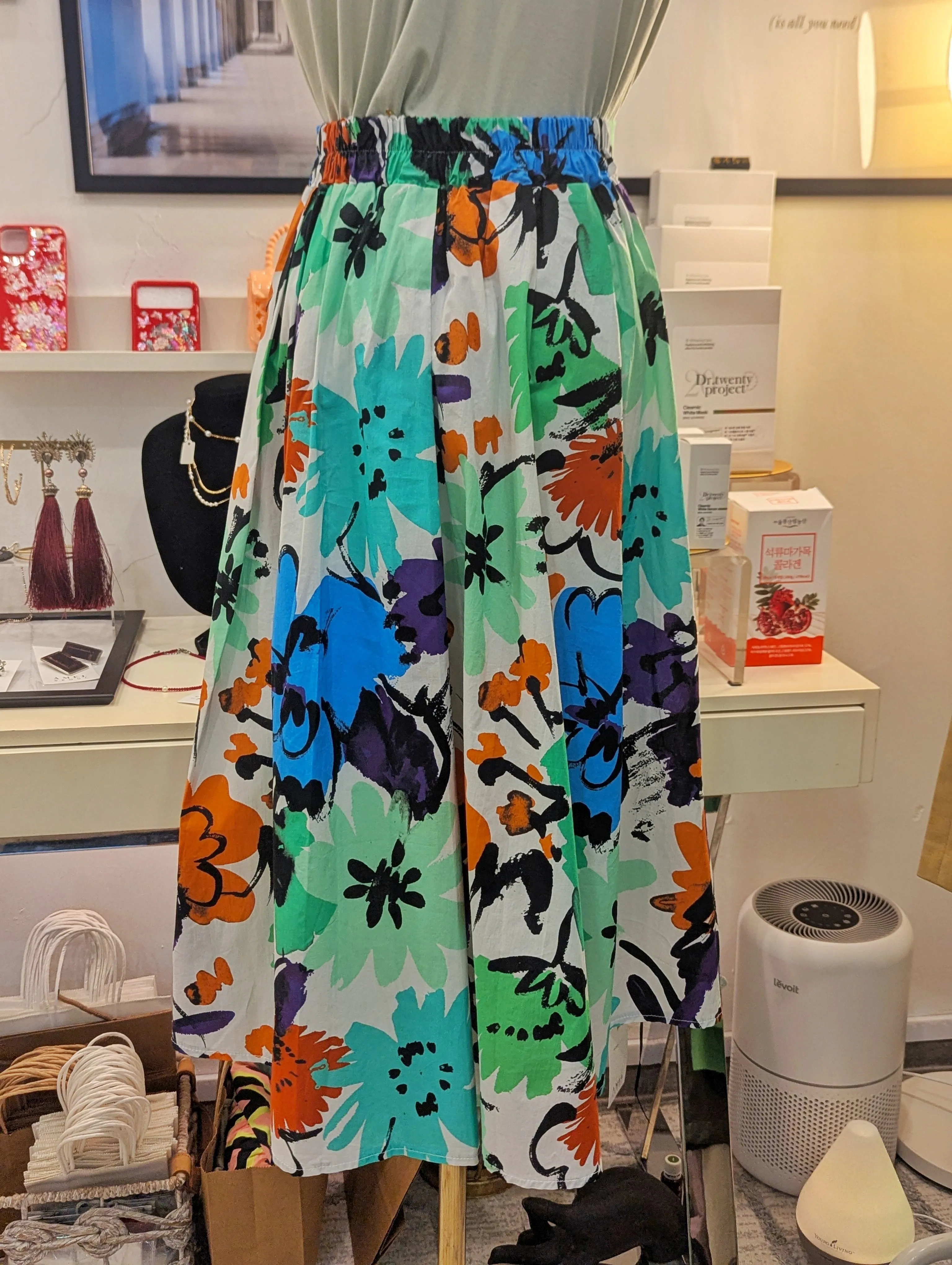Bold Floral Banded Cotton Skirt