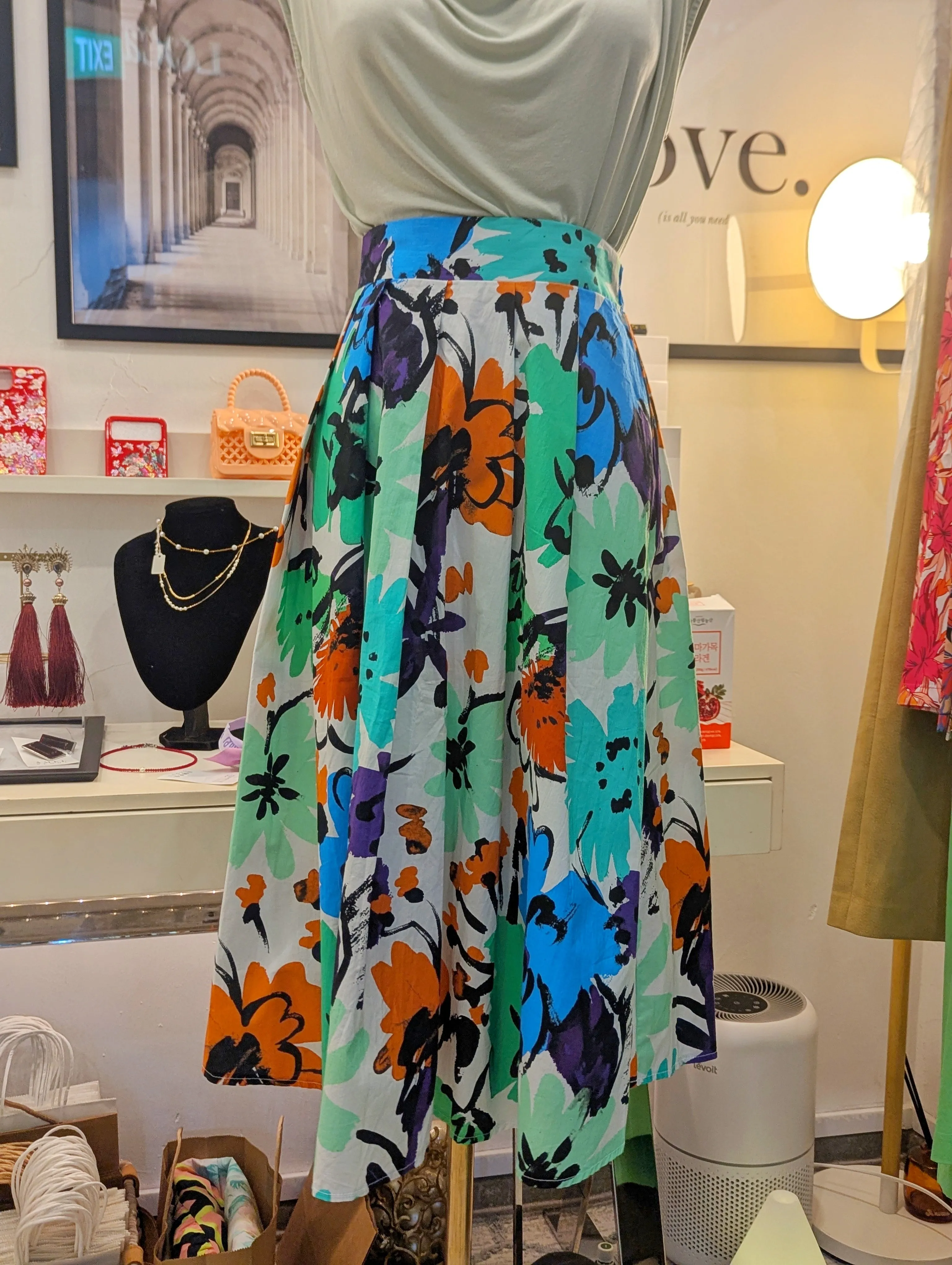 Bold Floral Banded Cotton Skirt