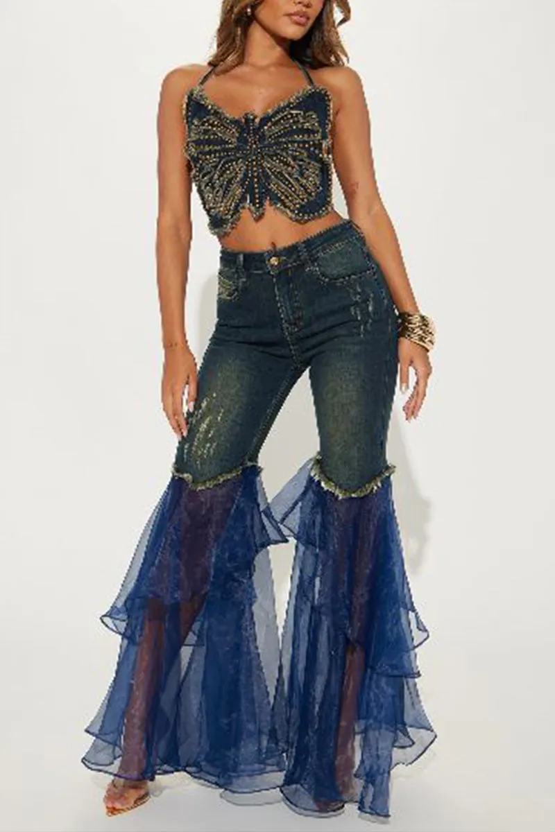 BT3111 Studded Denim Butterfly Top