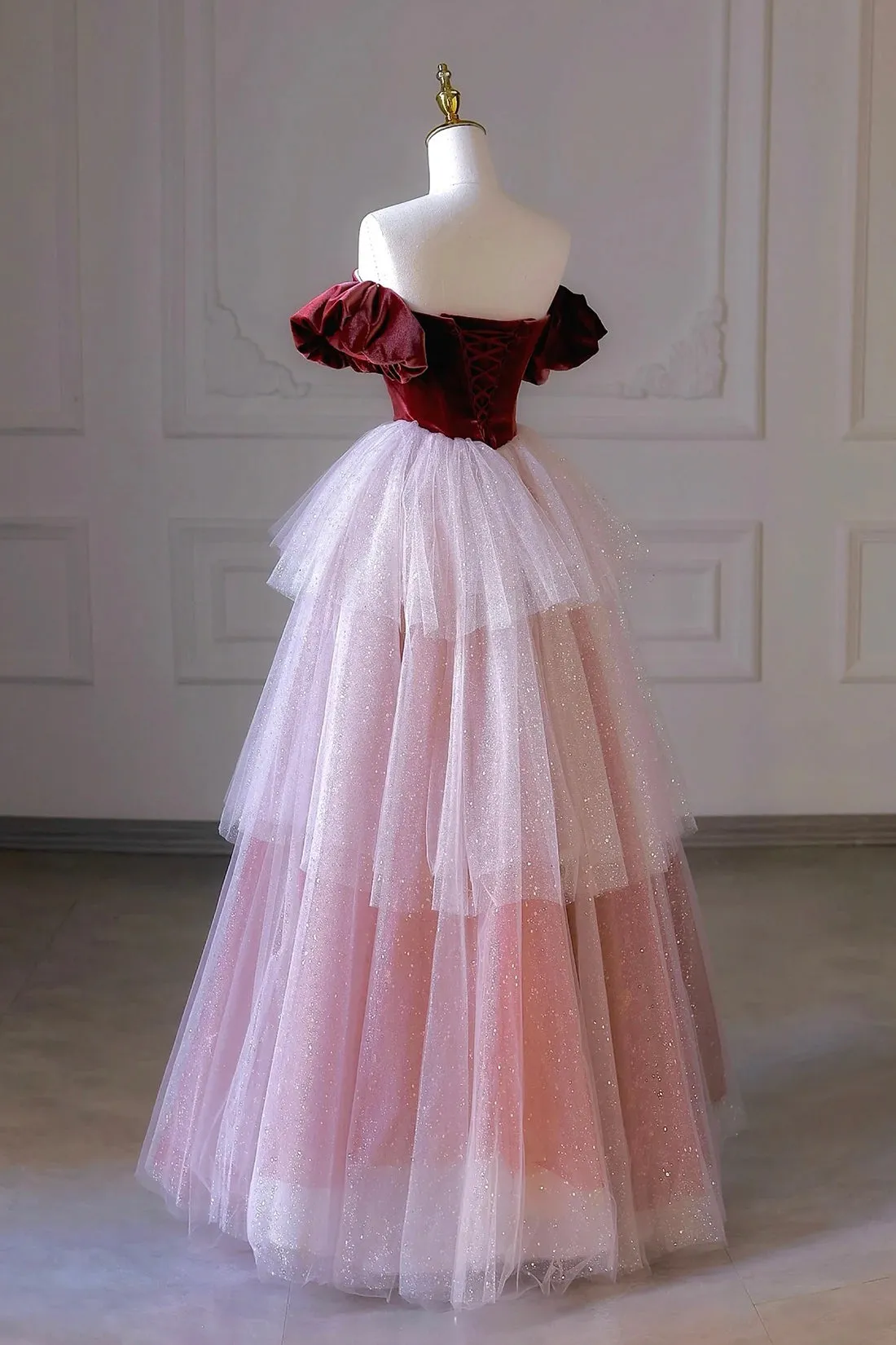 Burgundy Velvet and Pink Tulle Long Prom Dress, Off the Shoulder Evening Dress