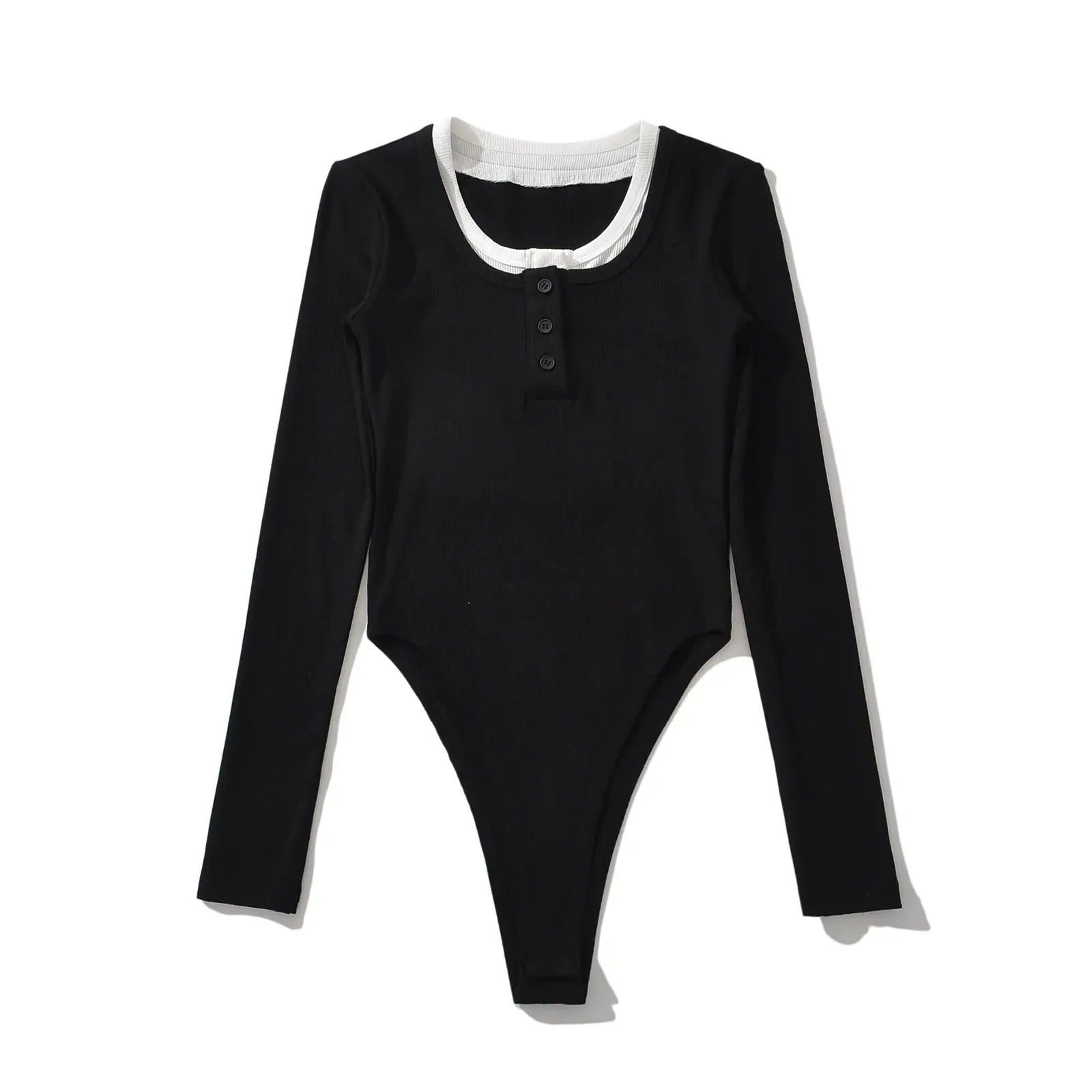 Buttons O neck Rib Long sleeve Bodysuit