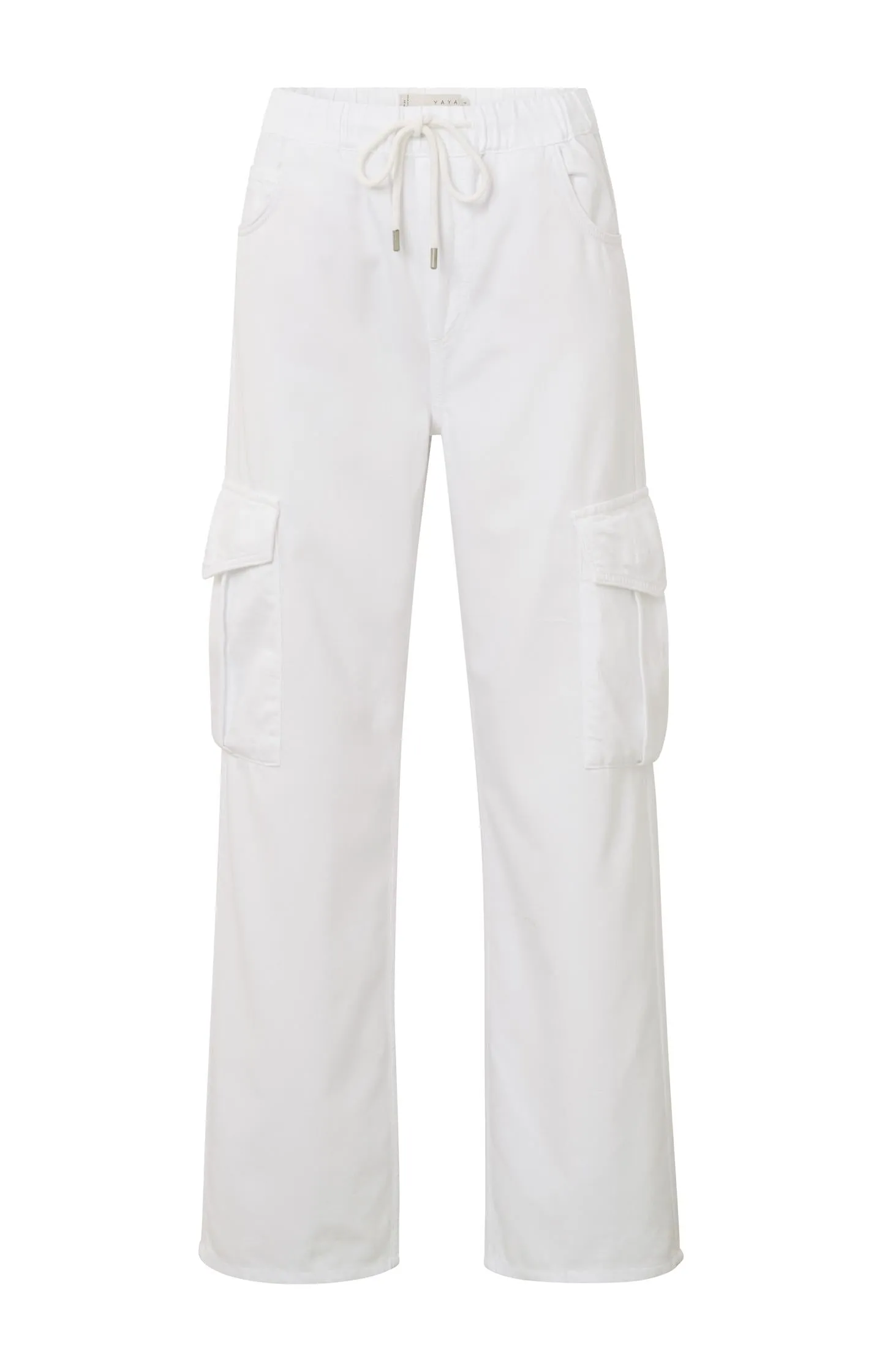 Cargo denim trousers with wide leg, pockets and draw string