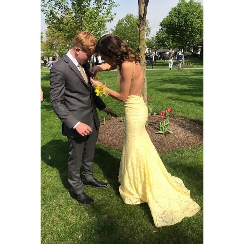 Chic Jewel Yellow Lace Mermaid Prom Dress Backless Formal Evening Gowns
