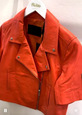 Cropped Lamb Leather Jacket With Short Sleeves | Orange