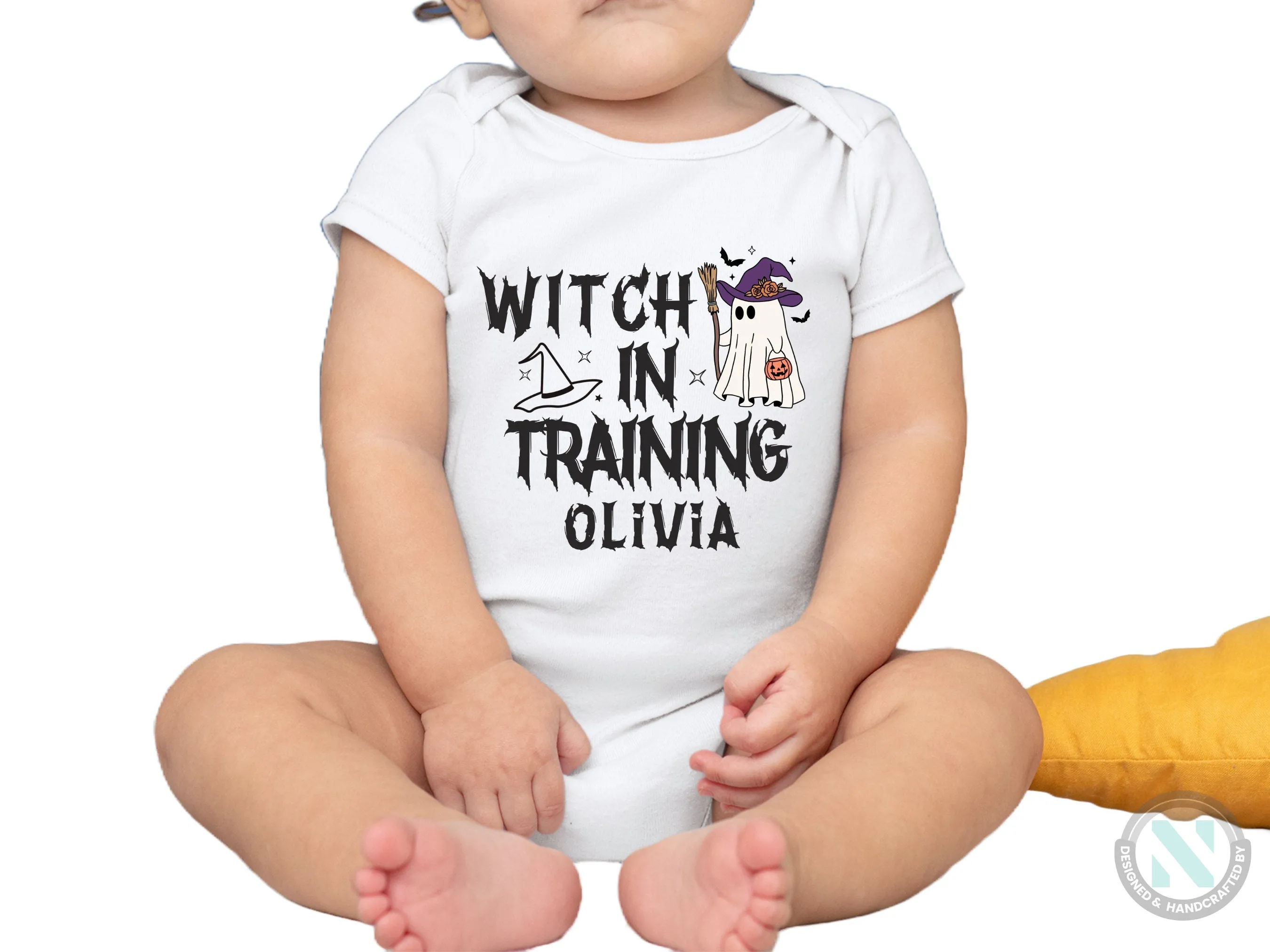 Custom Baby Name First Halloween Bodysuit Gift for Baby Girls with Witch in Training