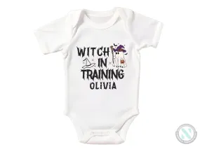 Custom Baby Name First Halloween Bodysuit Gift for Baby Girls with Witch in Training