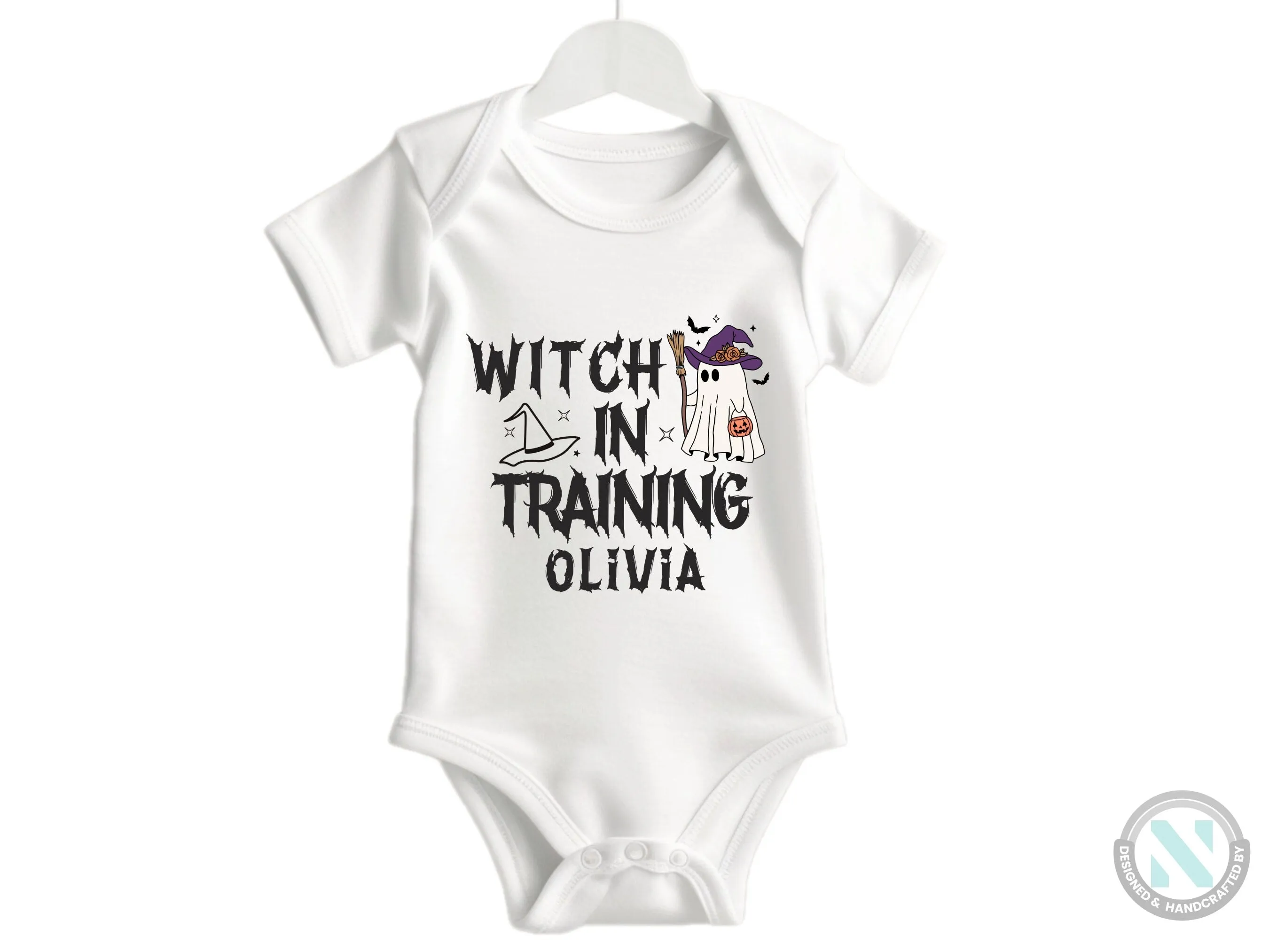 Custom Baby Name First Halloween Bodysuit Gift for Baby Girls with Witch in Training