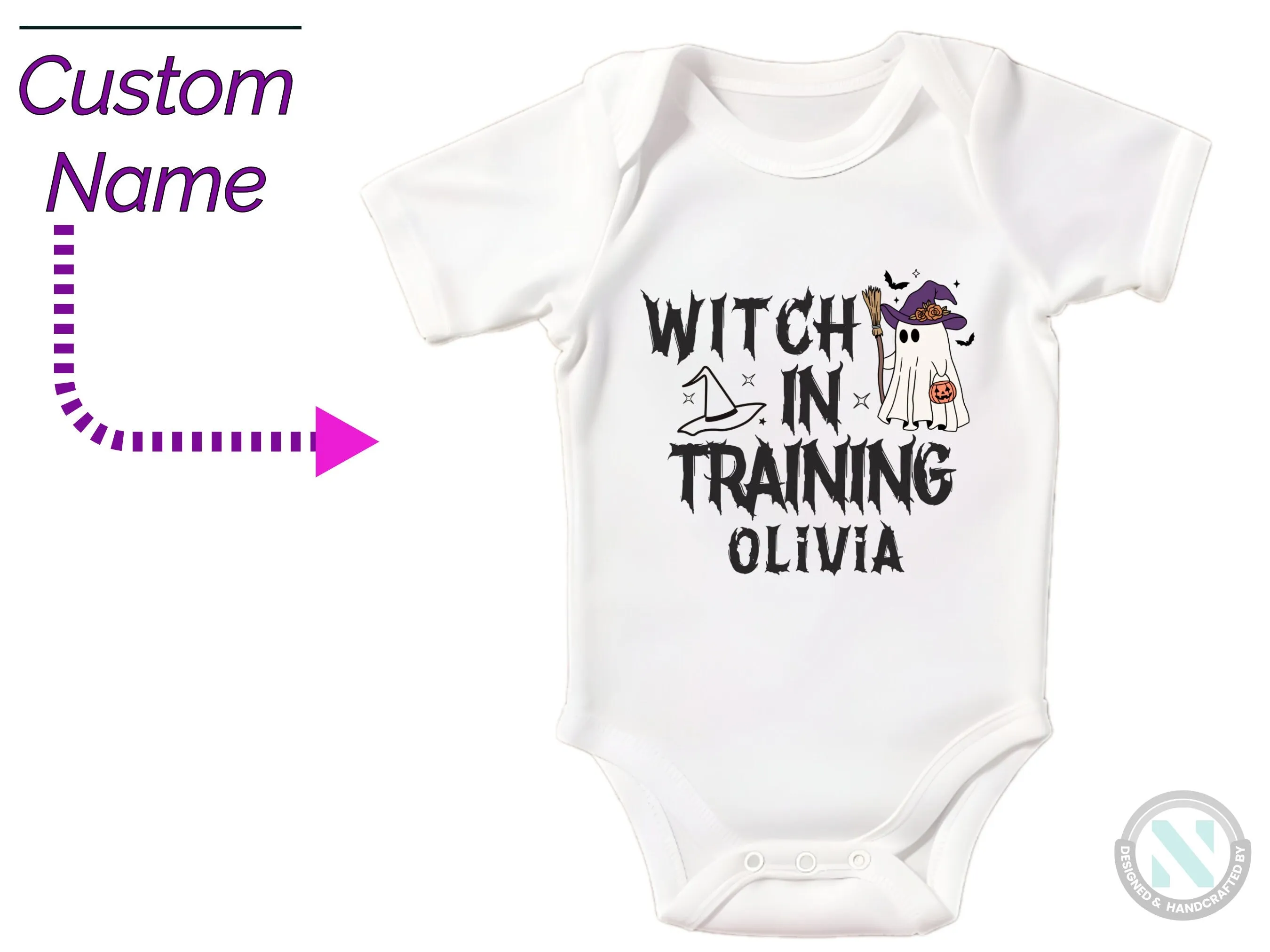 Custom Baby Name First Halloween Bodysuit Gift for Baby Girls with Witch in Training