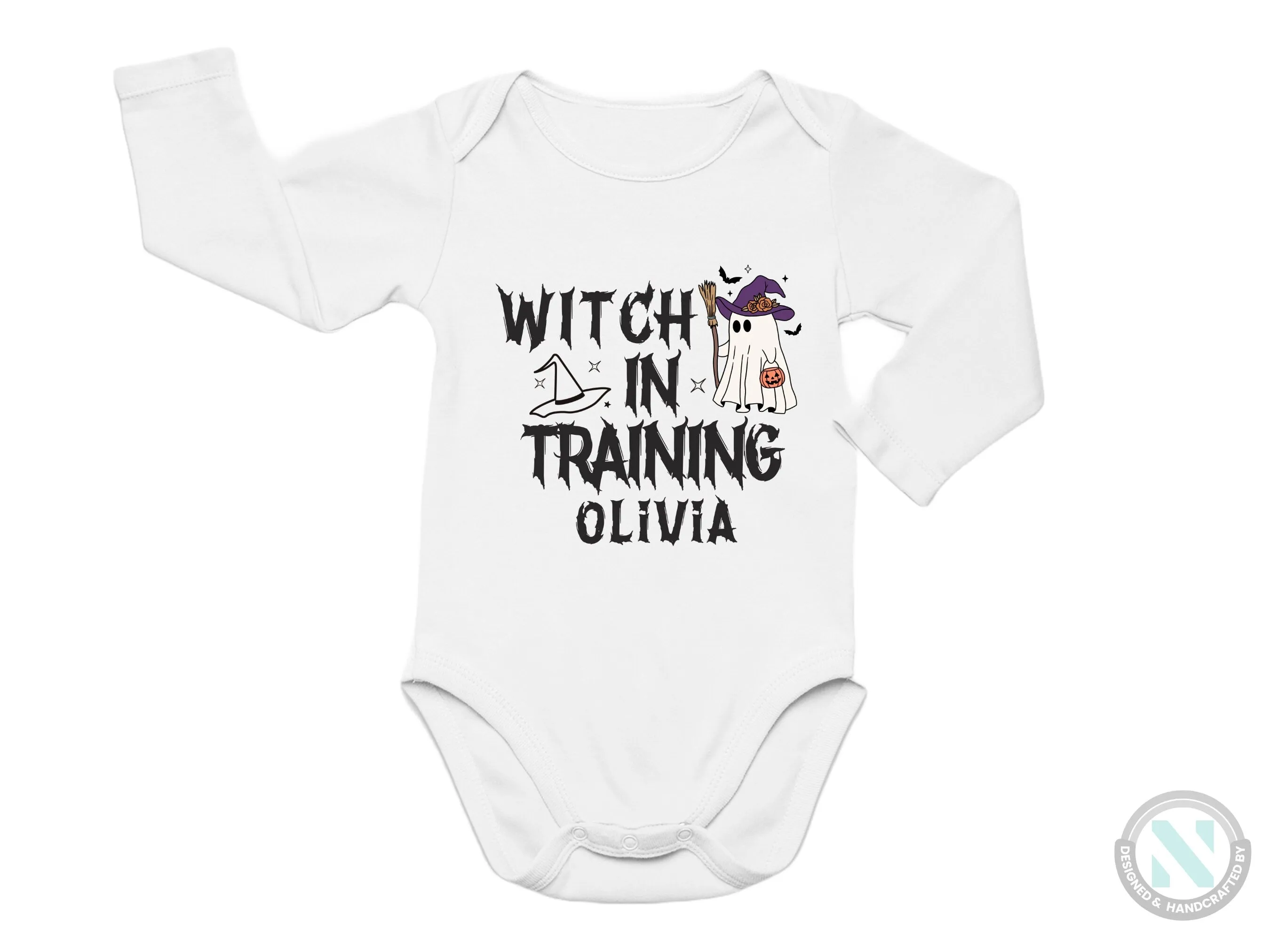 Custom Baby Name First Halloween Bodysuit Gift for Baby Girls with Witch in Training