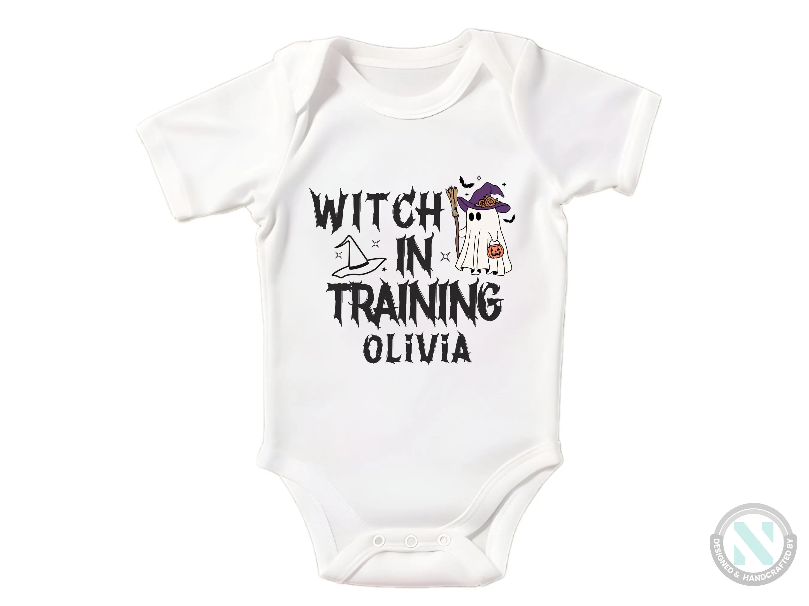 Custom Baby Name First Halloween Bodysuit Gift for Baby Girls with Witch in Training