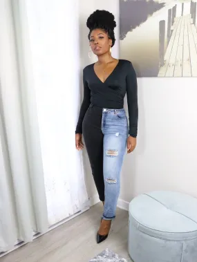 DANIELA Surplice Bodysuit in Black