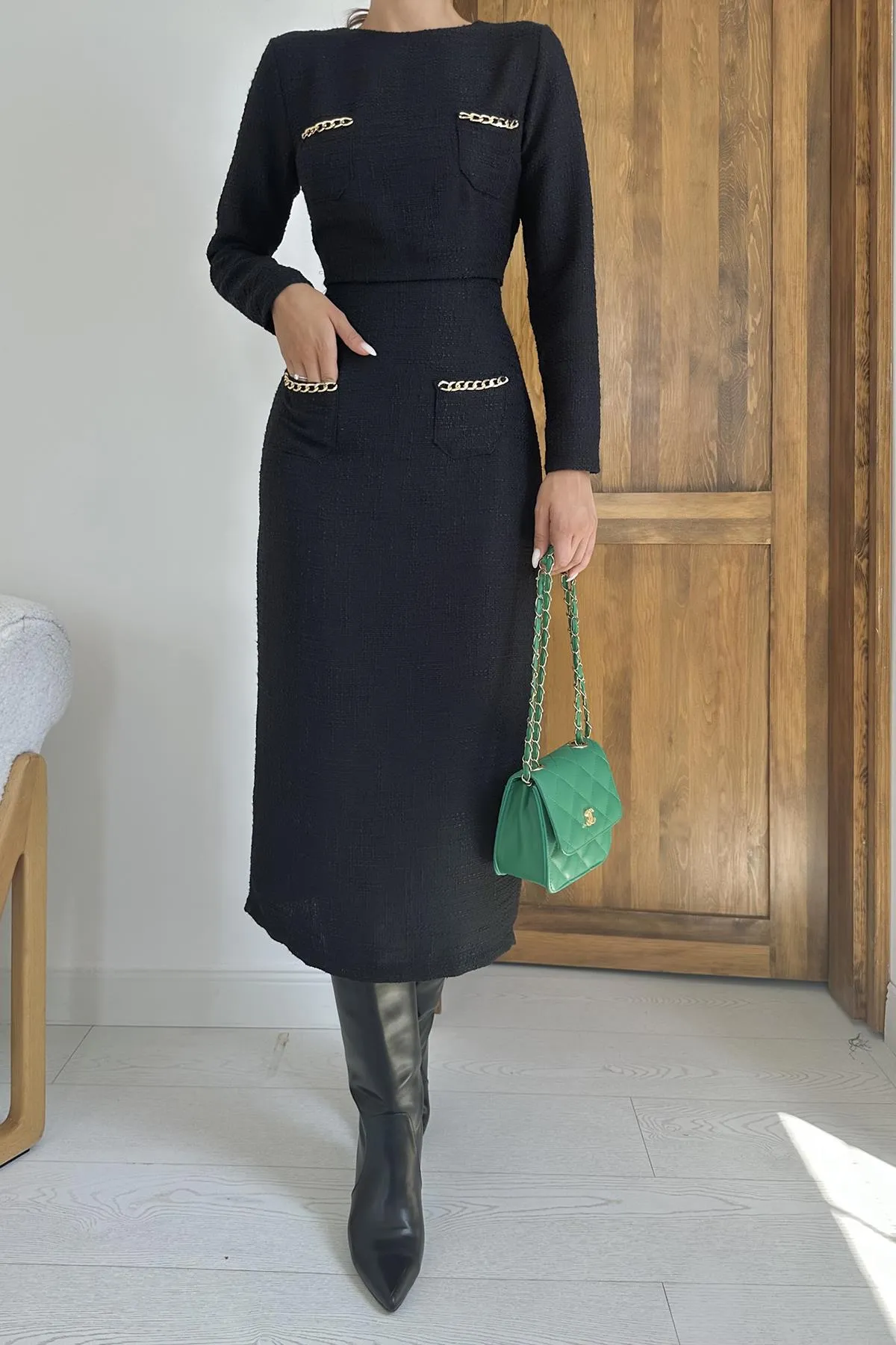 ELS Pocket Chain Blouse and Skirt Set - Black - Inverness