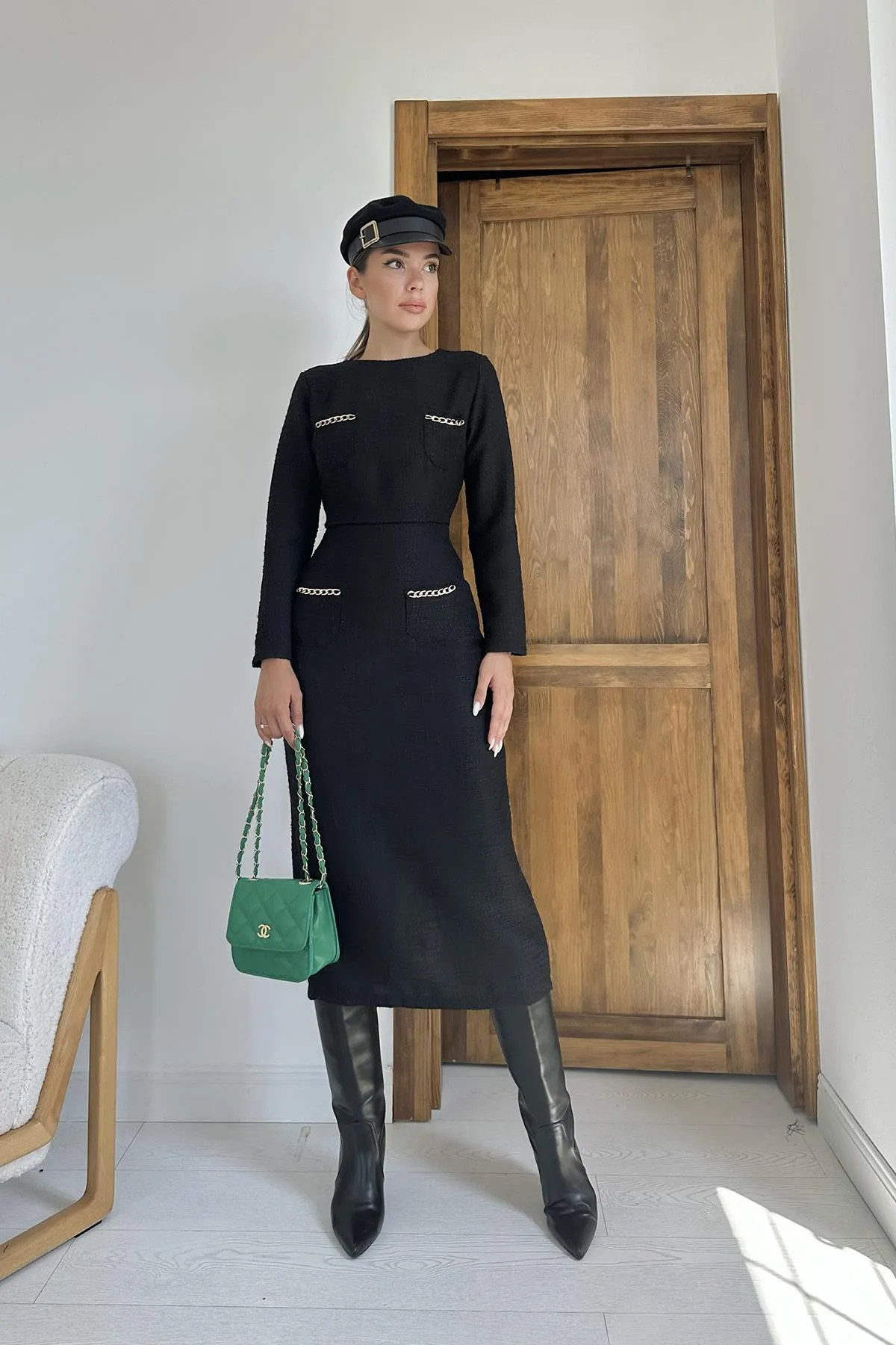ELS Pocket Chain Blouse and Skirt Set - Black - Inverness