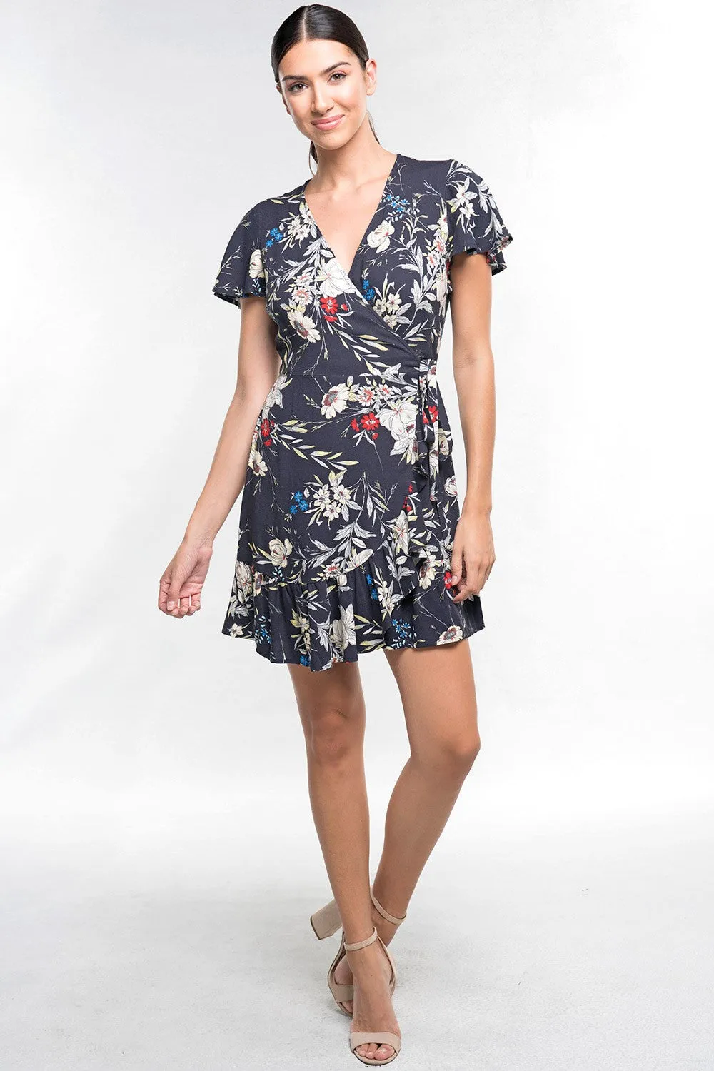 Floral Flutter Sleeve Ruffled Wrap Mini Dress