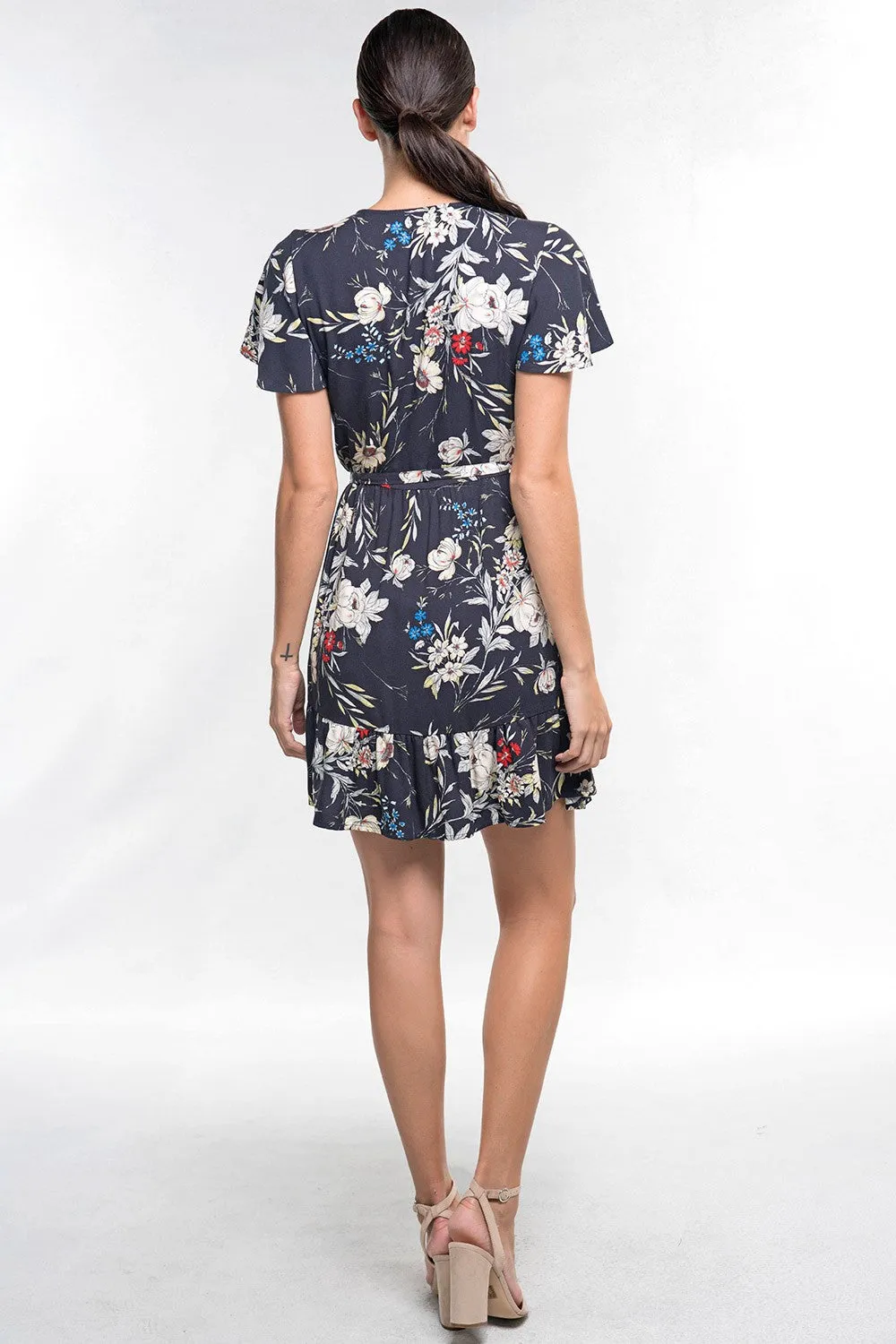 Floral Flutter Sleeve Ruffled Wrap Mini Dress
