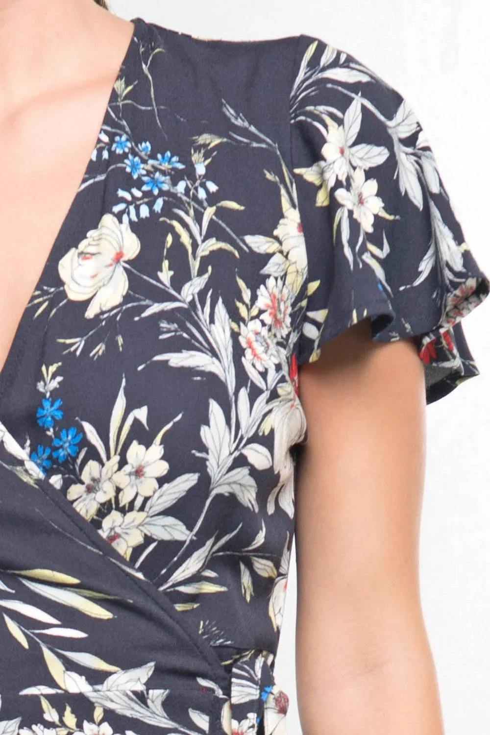 Floral Flutter Sleeve Ruffled Wrap Mini Dress