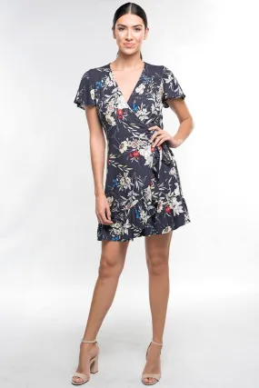 Floral Flutter Sleeve Ruffled Wrap Mini Dress