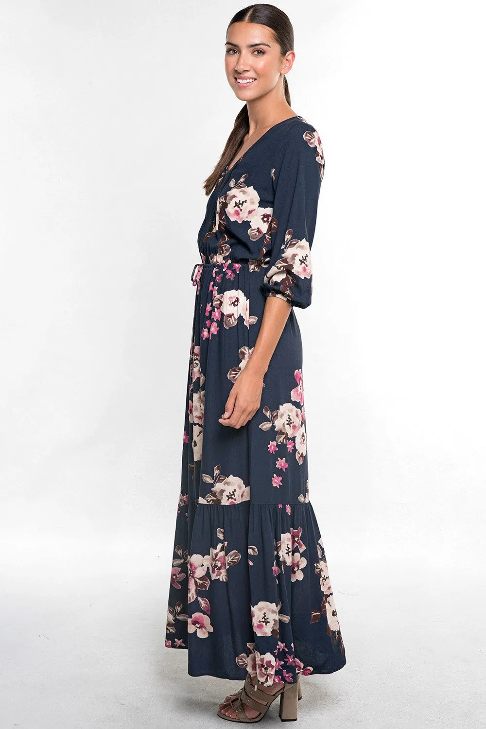 Floral Print 3/4 Sleeve Maxi Dress