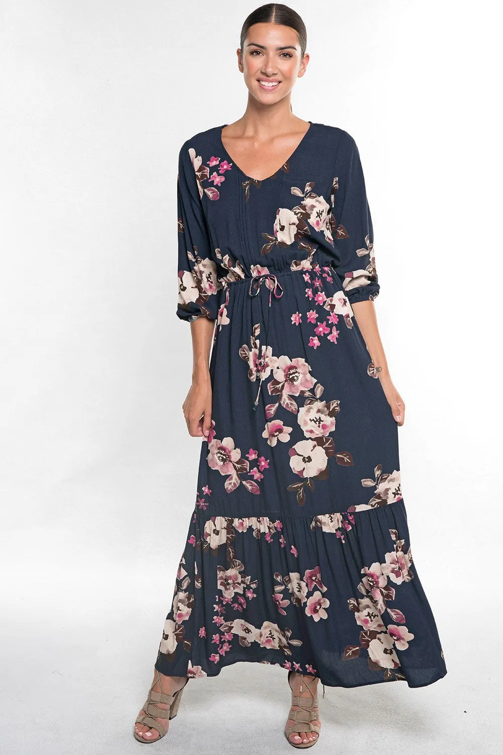Floral Print 3/4 Sleeve Maxi Dress